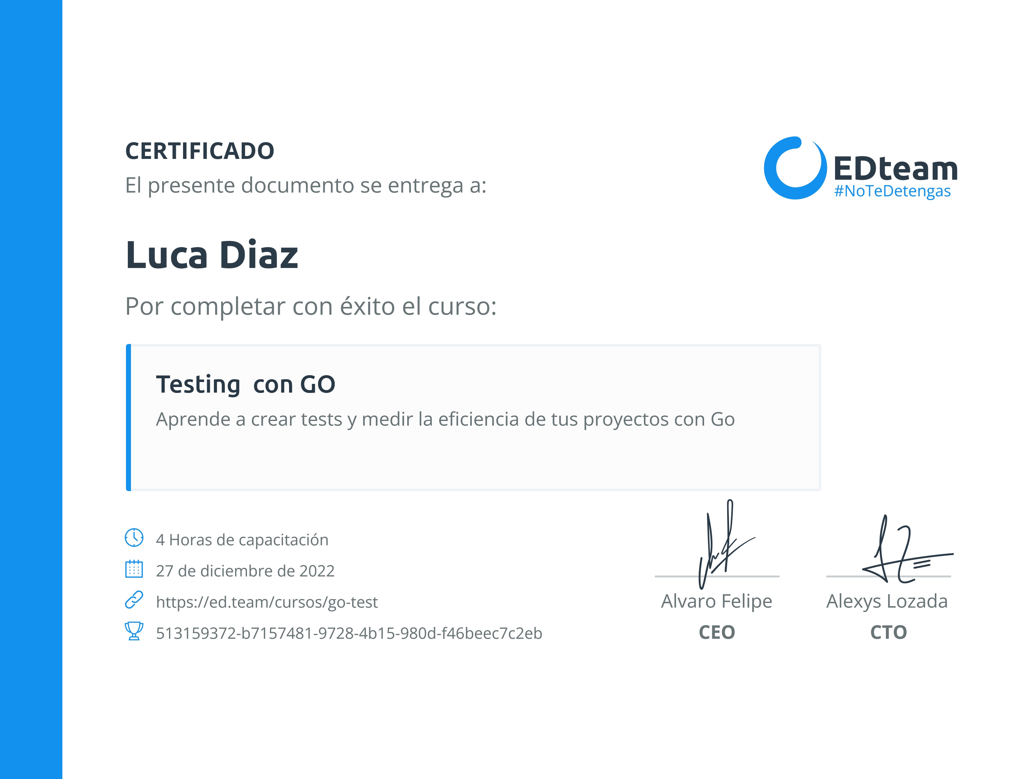Certificado de Luca Diaz del curso Testing con Go