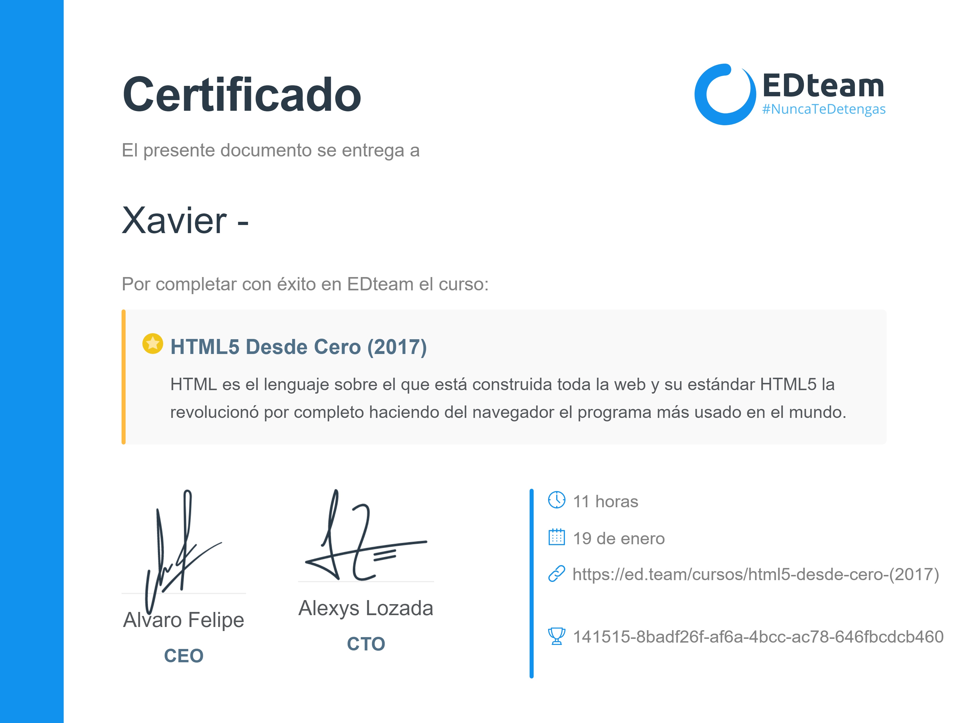 Certificado de Xavier - del curso HTML5 Desde Cero (2017)