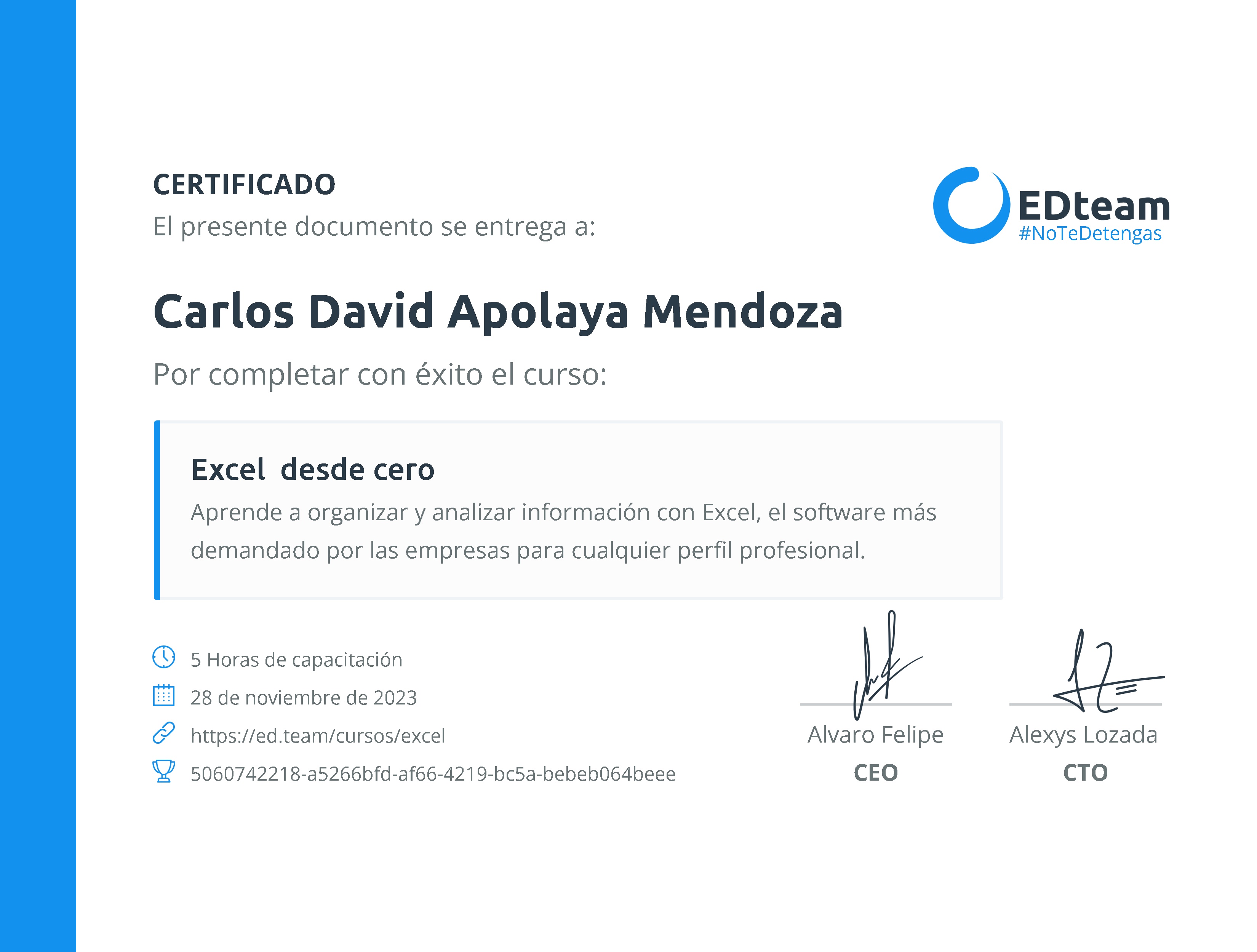Certificado de Carlos David Apolaya Mendoza del curso Excel desde cero