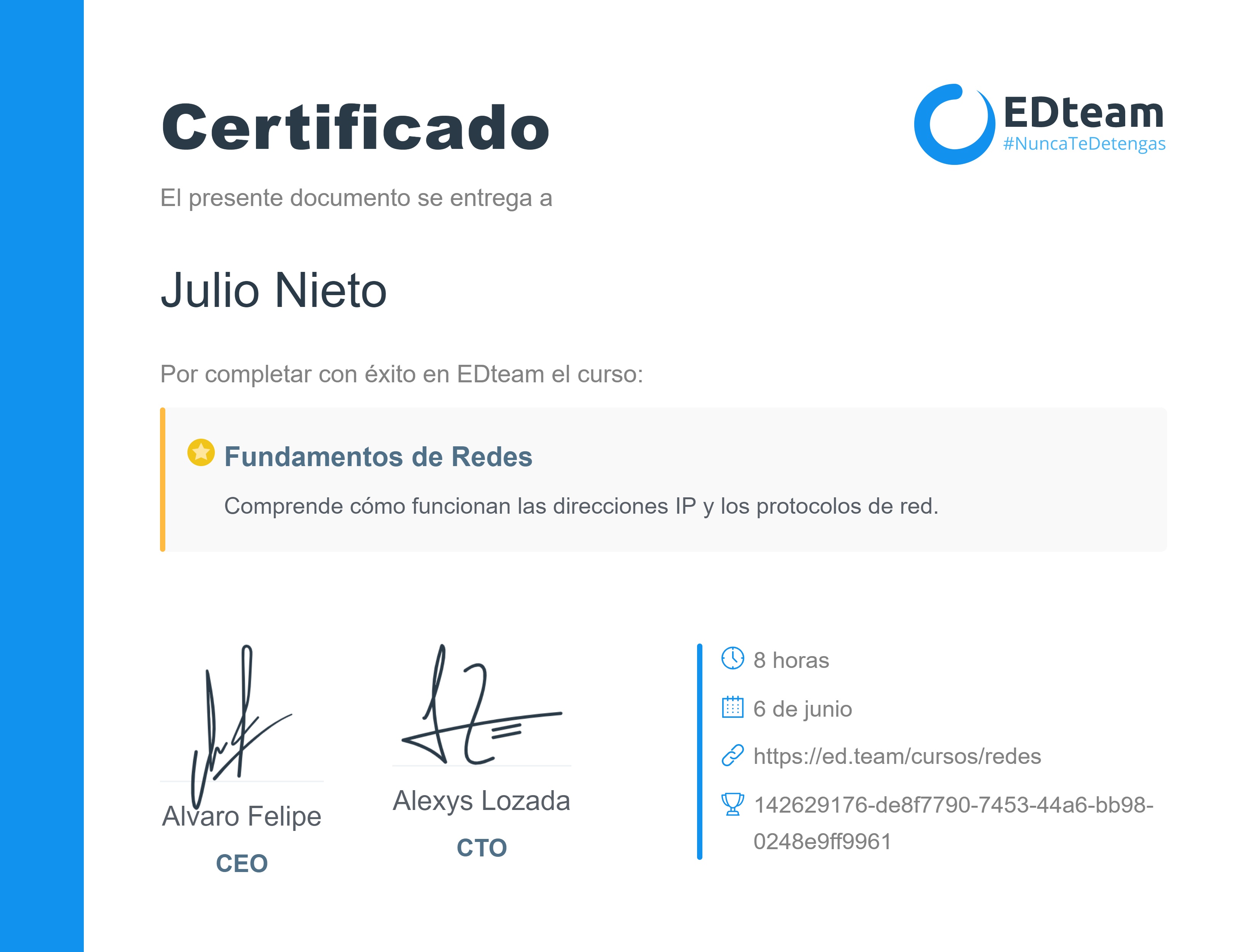 Certificado de Julio Nieto del curso Fundamentos de Redes 2019