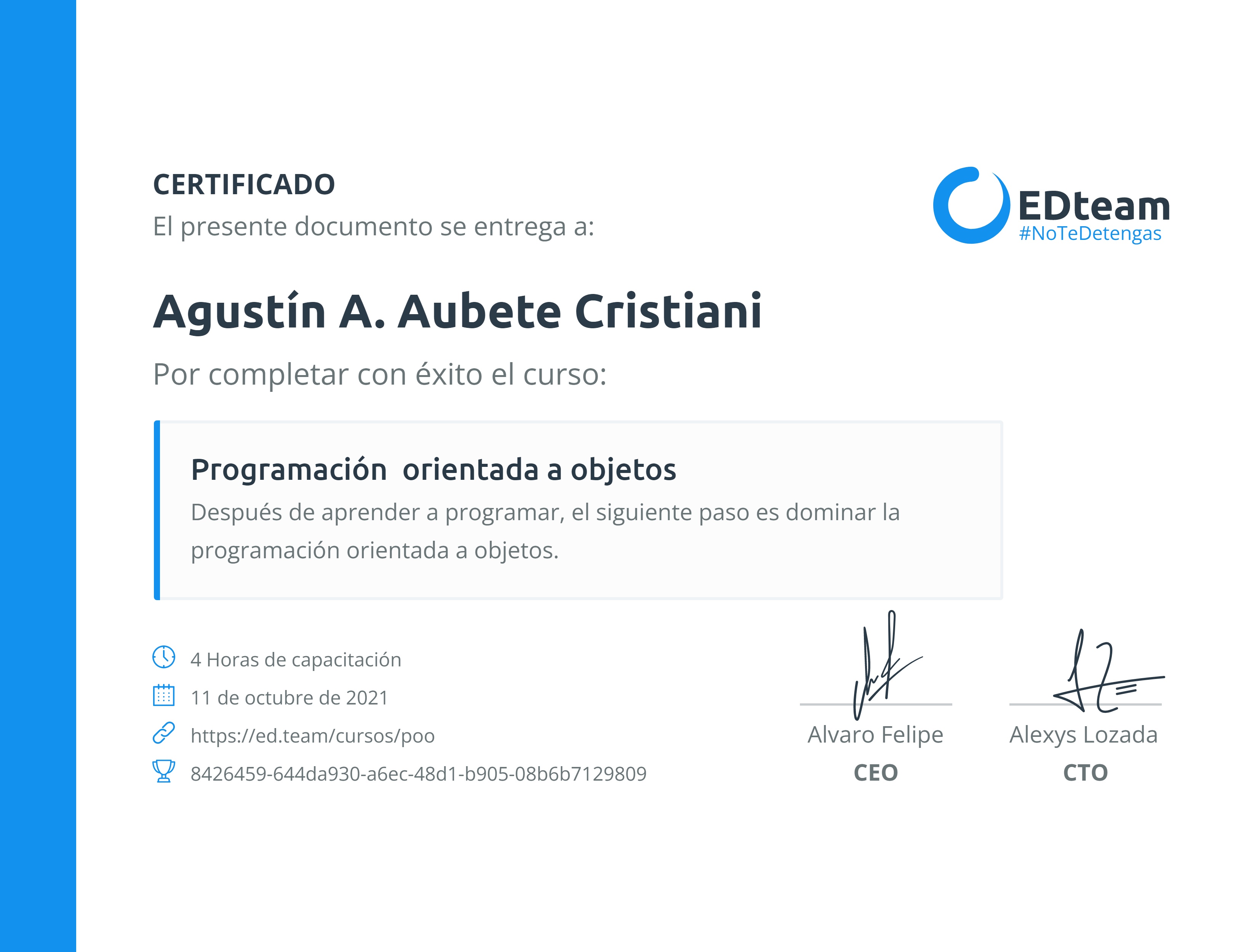 Certificado de Agustín A. Aubete Cristiani del curso Programación orientada a objetos