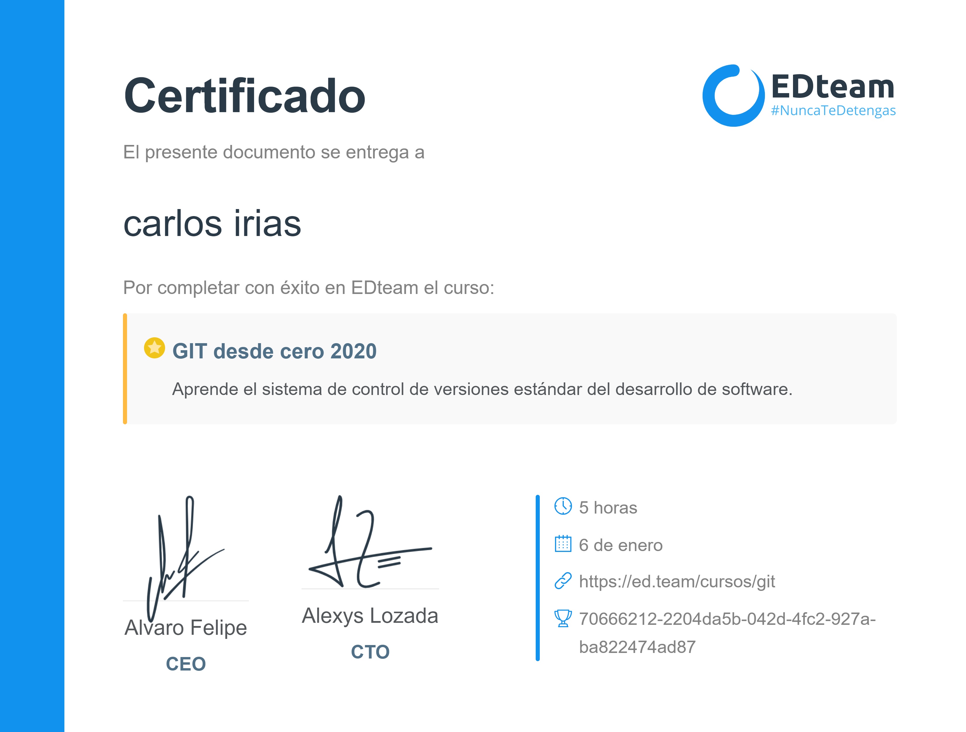Certificado de carlos irias del curso GIT desde cero