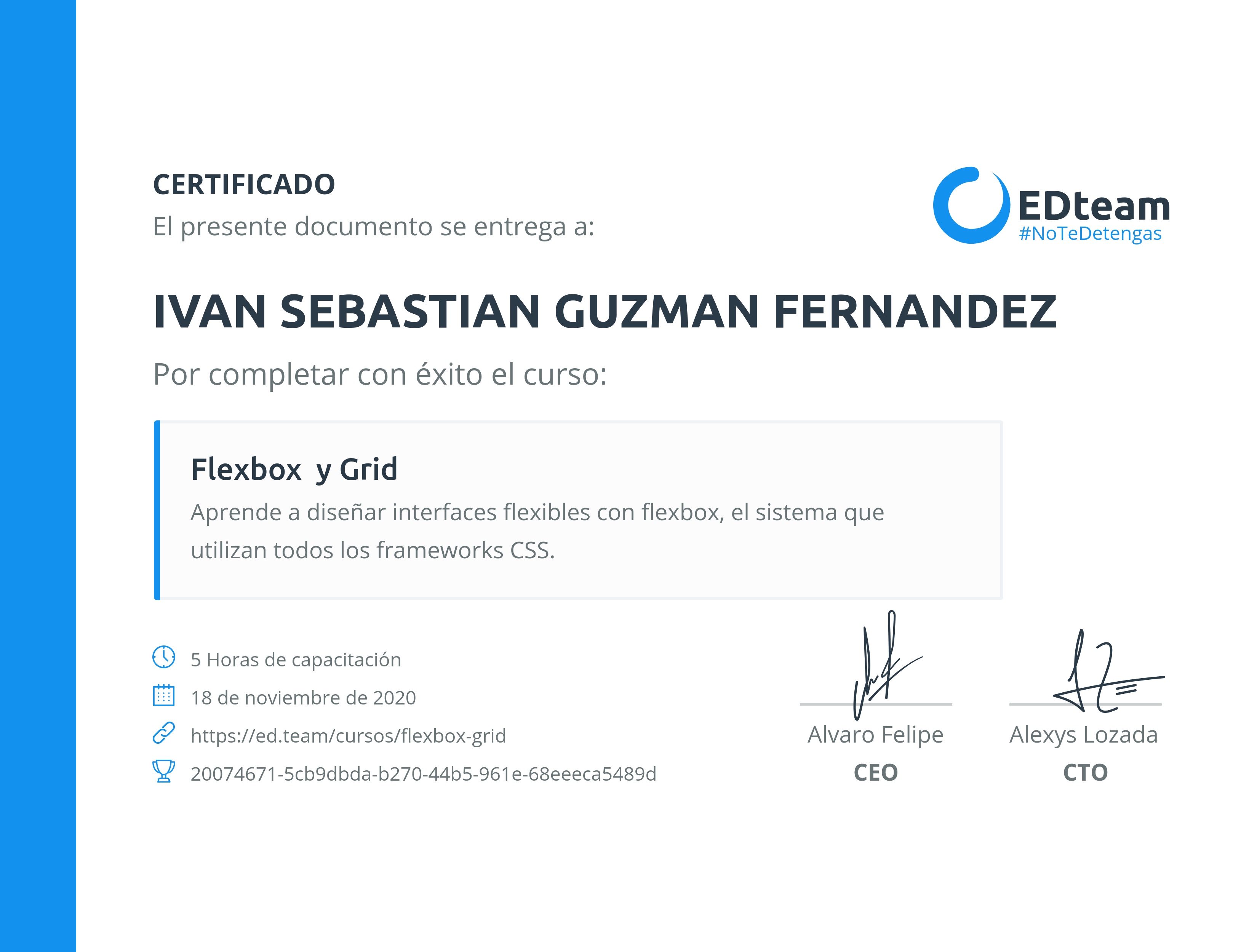 Certificado de IVAN SEBASTIAN GUZMAN FERNANDEZ del curso Flexbox y Grid