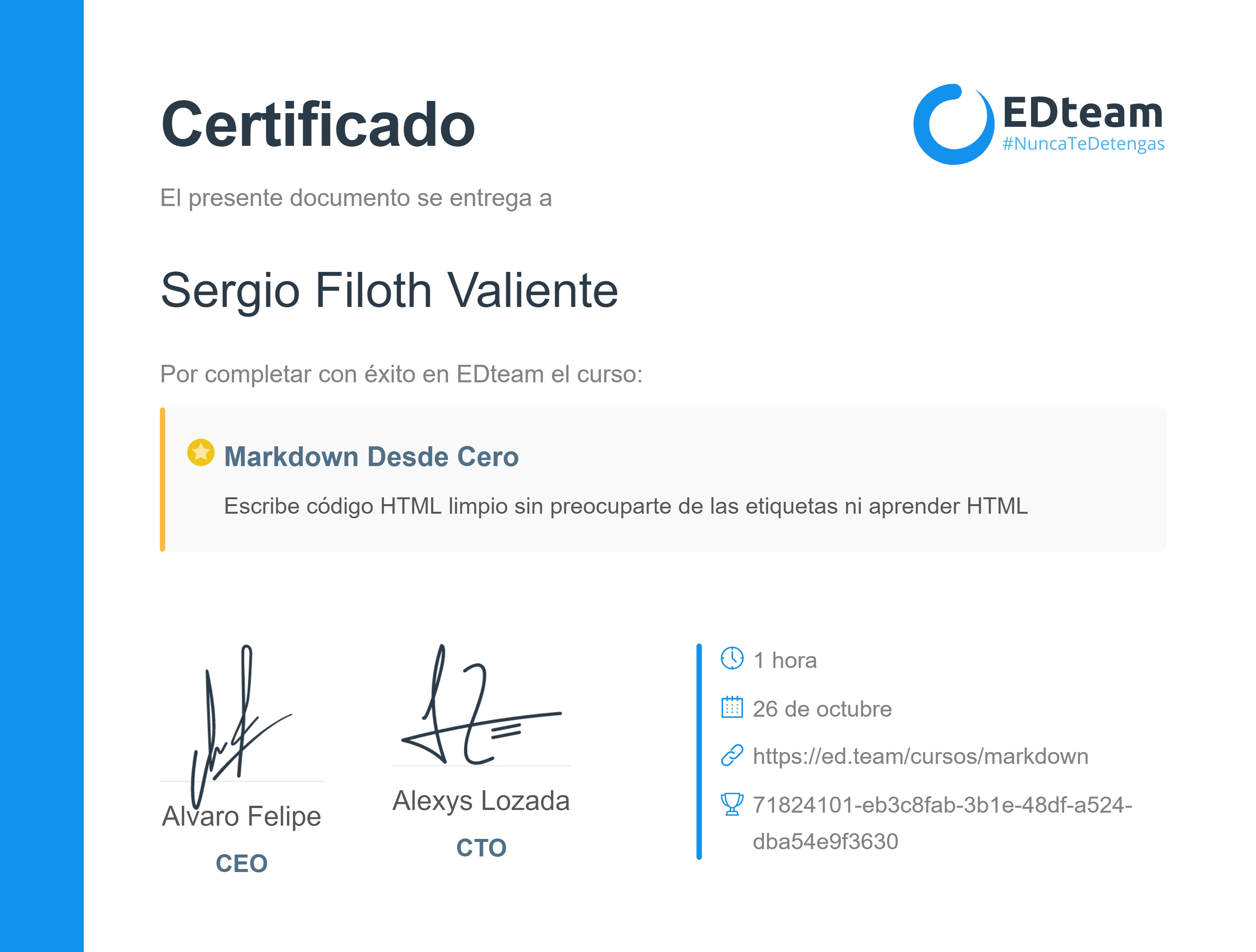 Certificado de Sergio Filoth del curso Markdown desde cero (Gratis)