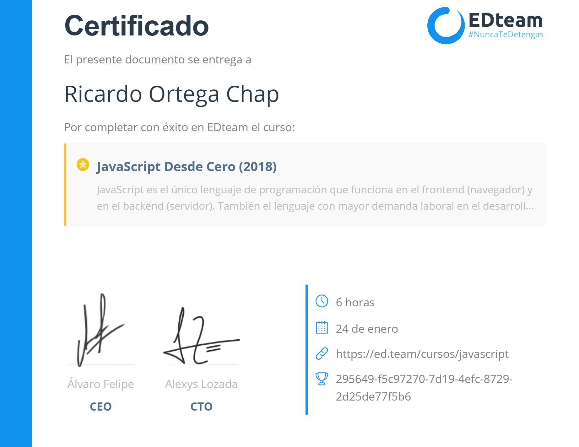 Certificado de Ricardo Ortega Chap del curso JavaScript Desde Cero (gratis) (2018)