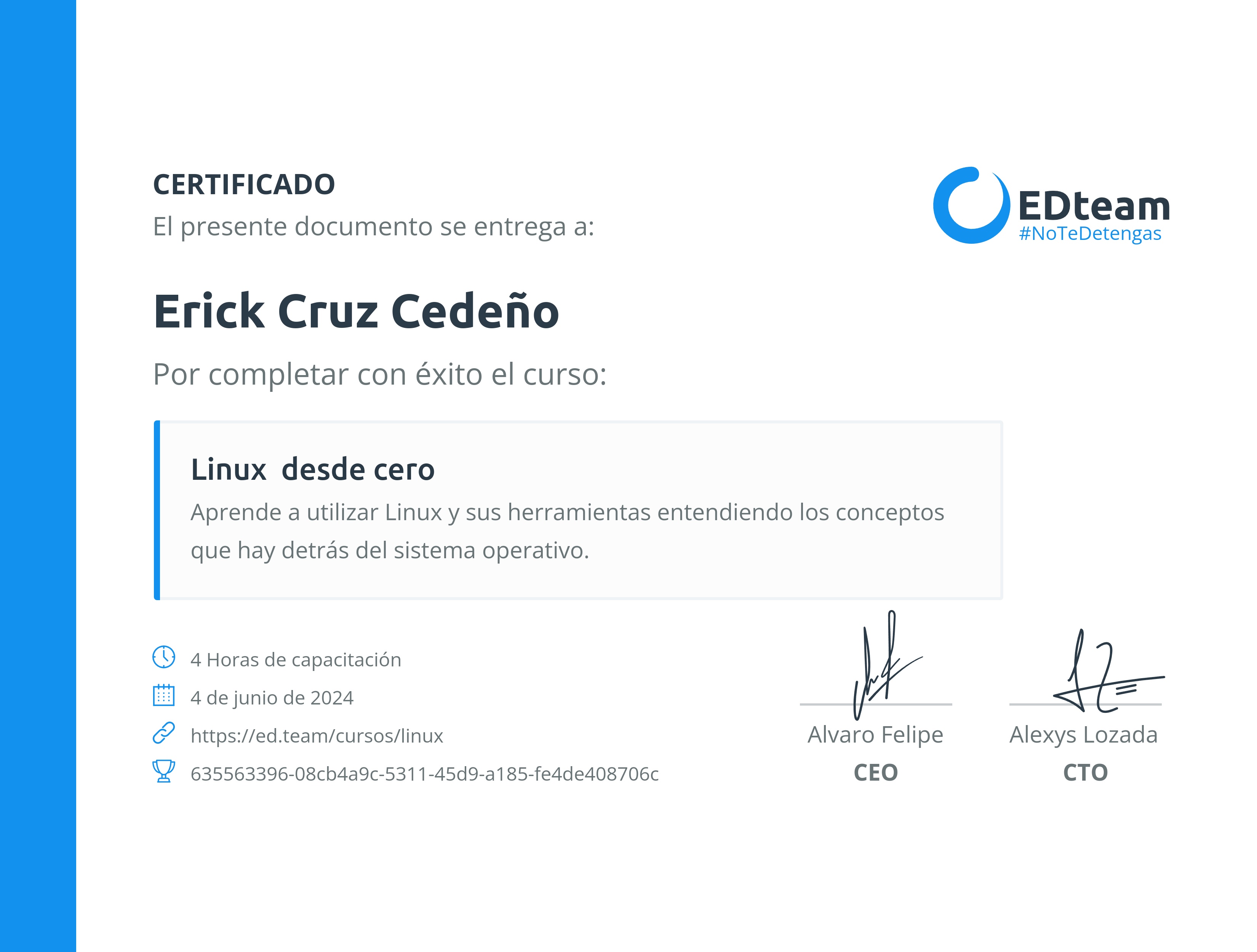 Certificado de Erick Cruz Cedeño del curso Linux desde cero