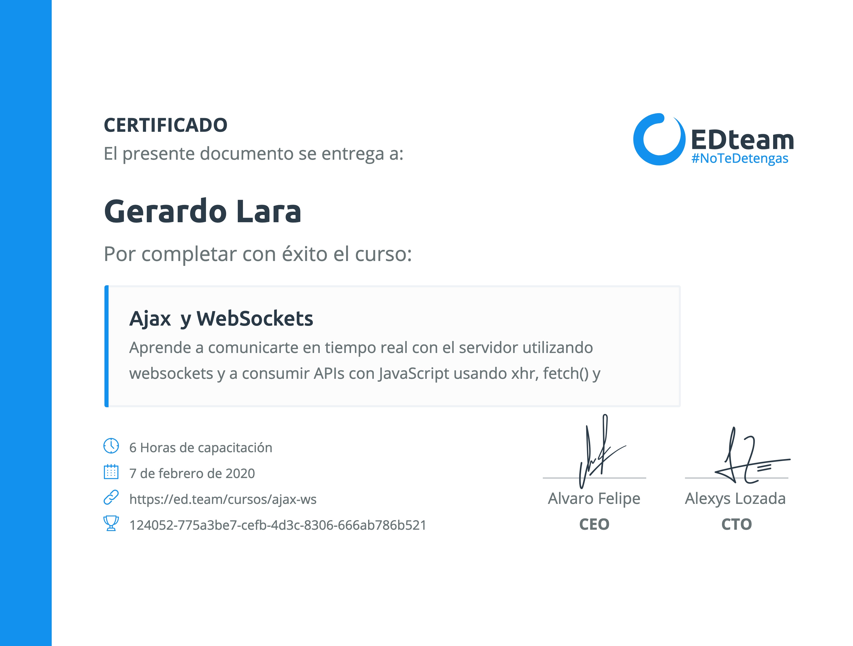 Certificado de Gerardo Lara del curso Ajax y WebSockets