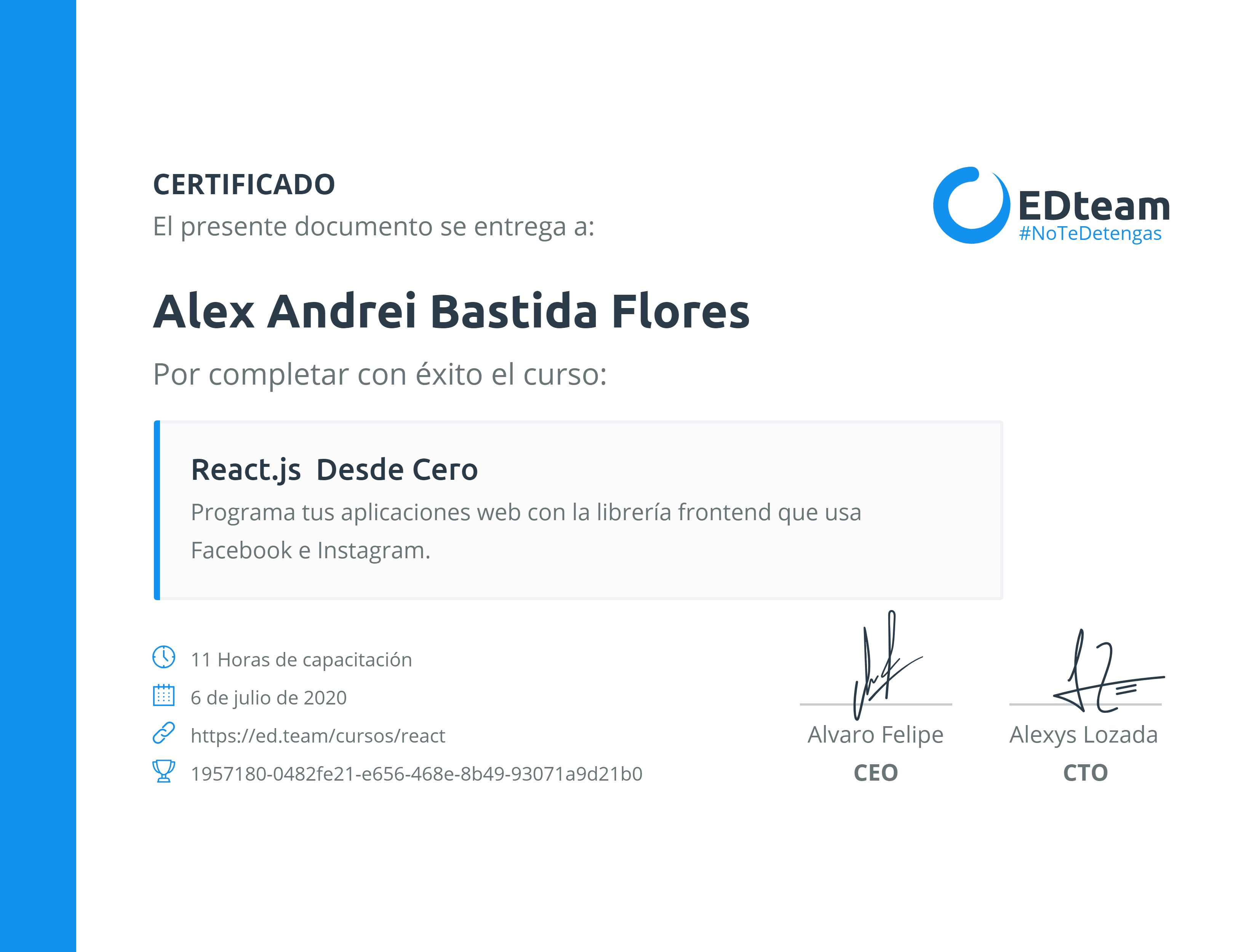 Certificado de Alex Andrei del curso React.js Desde Cero (2019)