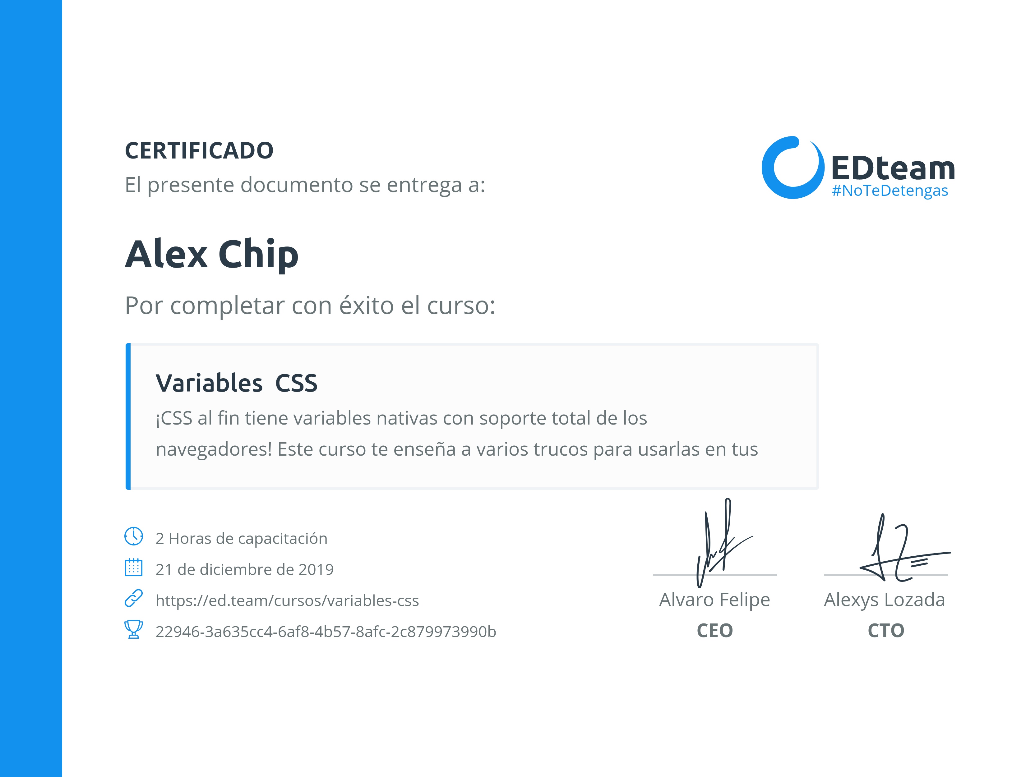 Certificado de Alex Chip del curso Variables CSS
