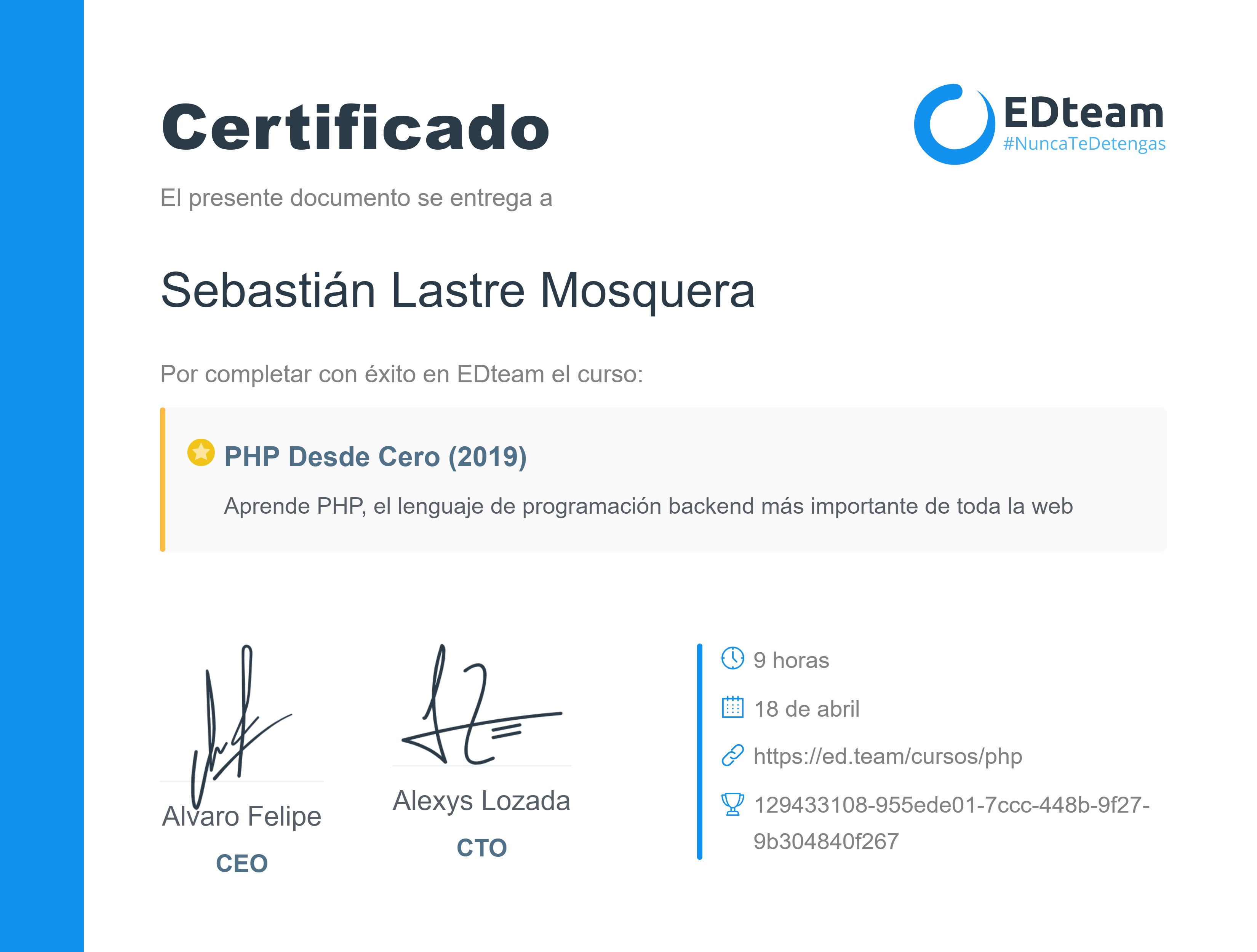 Certificado de Sebastián Lastre del curso PHP Desde Cero