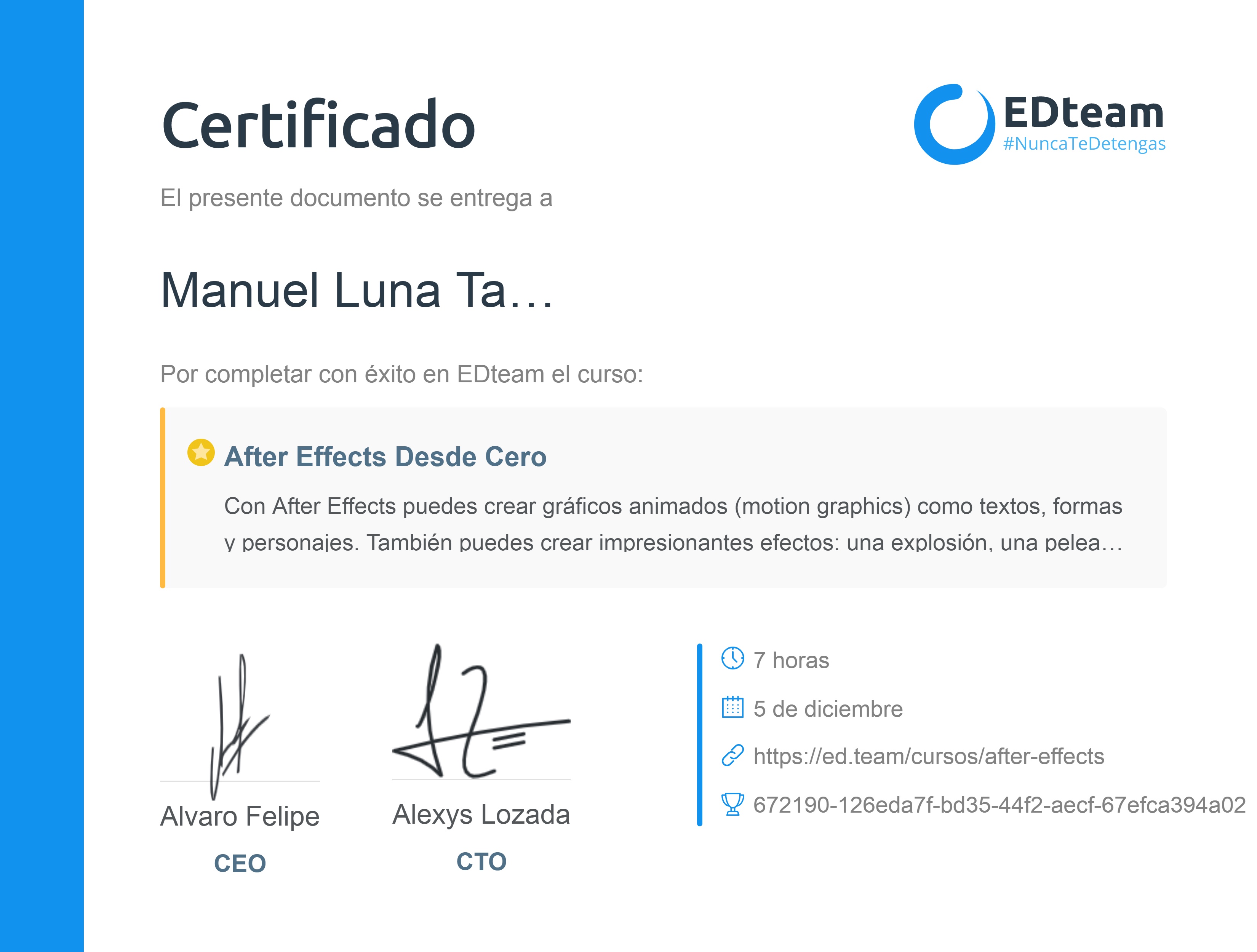 Certificado de Jose Manuel del curso After Effects desde cero