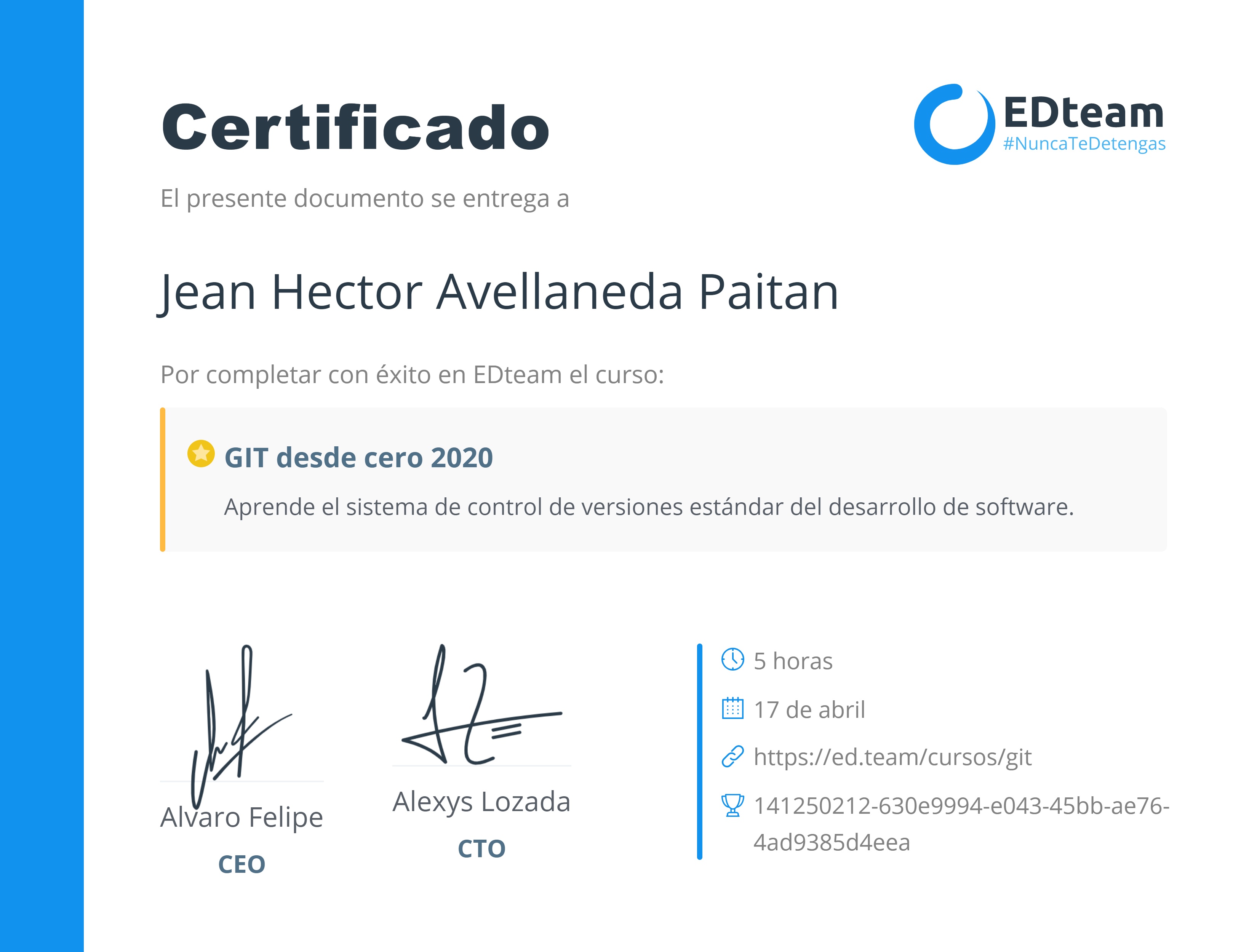 Certificado de Jean Hector Avellaneda Paitan del curso GIT desde cero