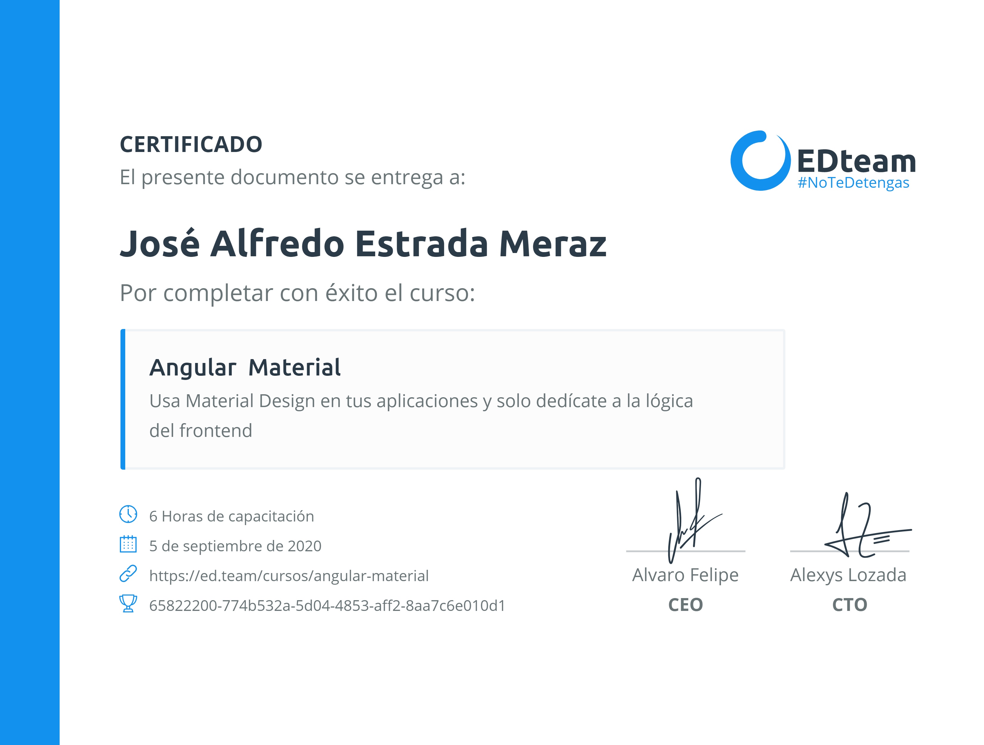 Certificado de José Alfredo Estrada Meraz del curso Angular Material