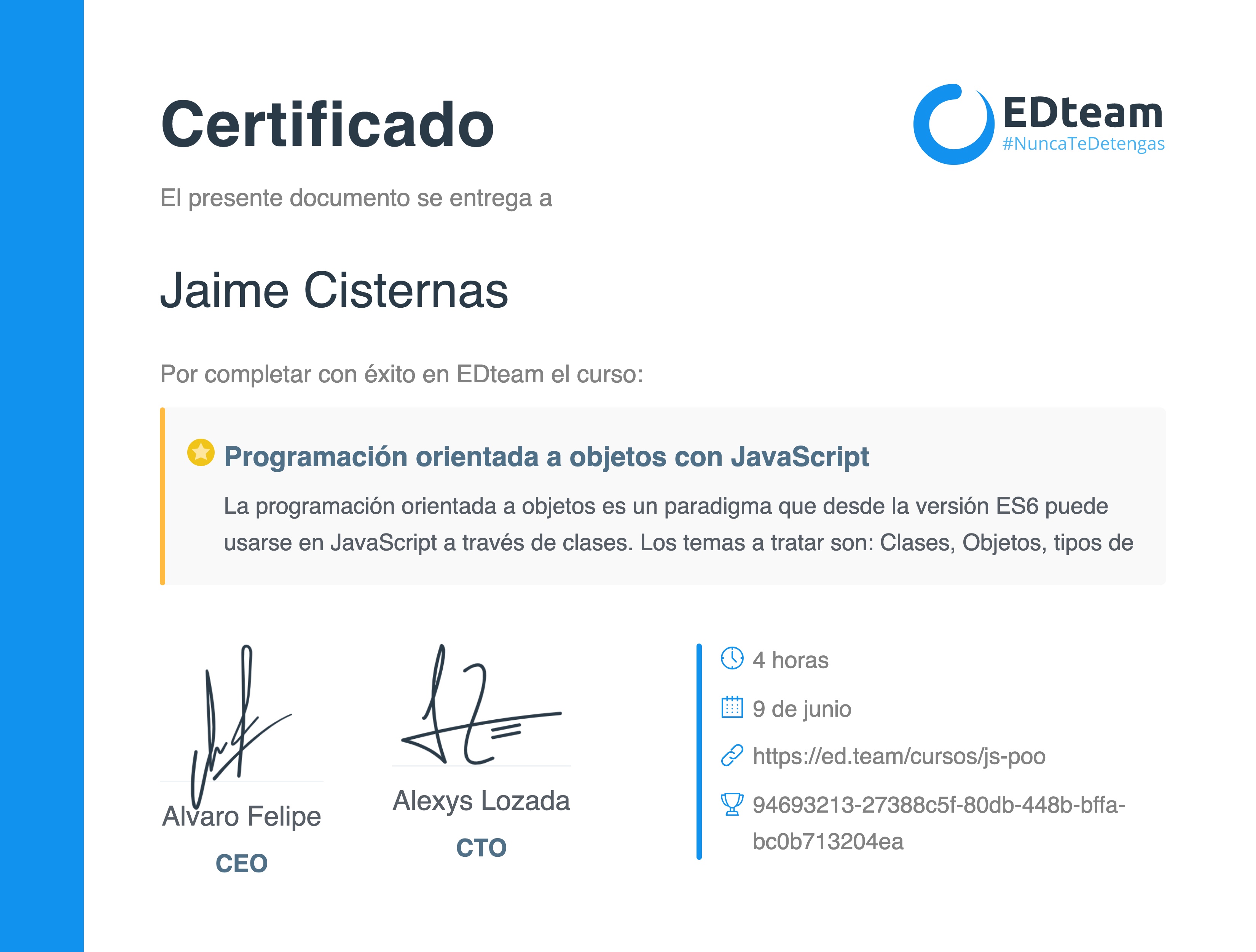 Certificado de Jaime Cisternas del curso Programación orientada a objetos con JavaScript