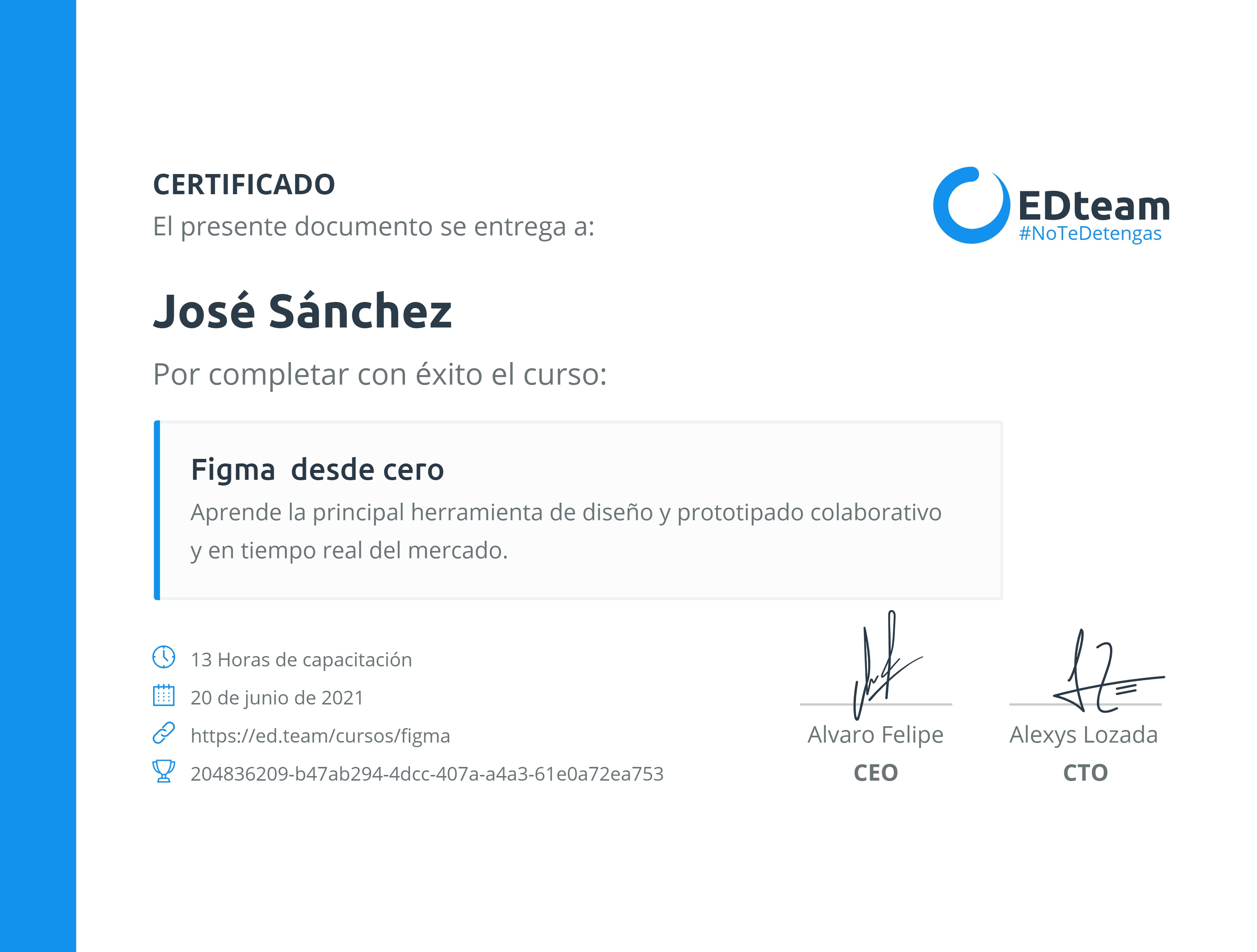 Certificado de José Sánchez del curso Figma desde cero (2019)
