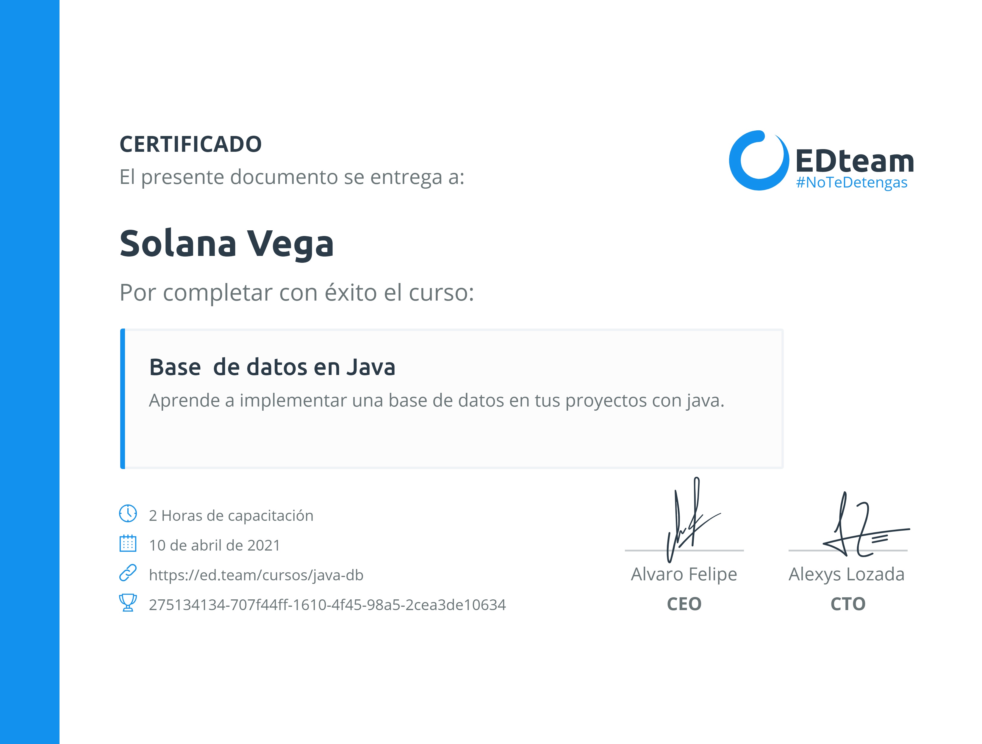 Certificado de Solana Vega del curso Bases de datos con Java