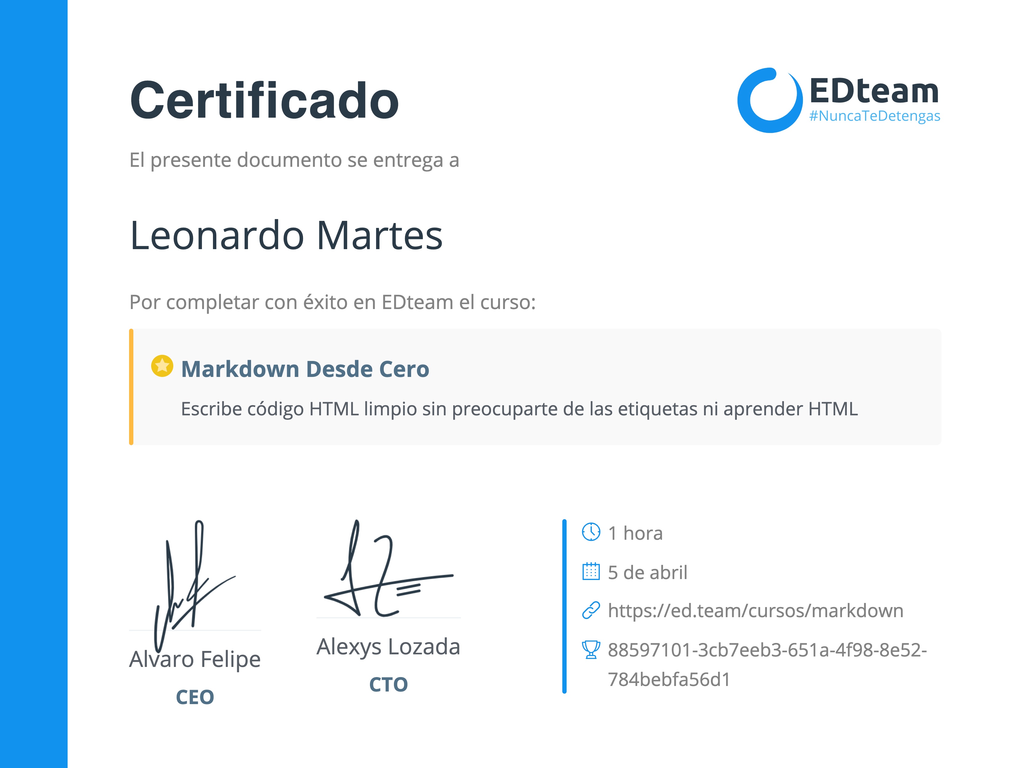 Certificado de Leonardo Martes del curso Markdown desde cero (Gratis)