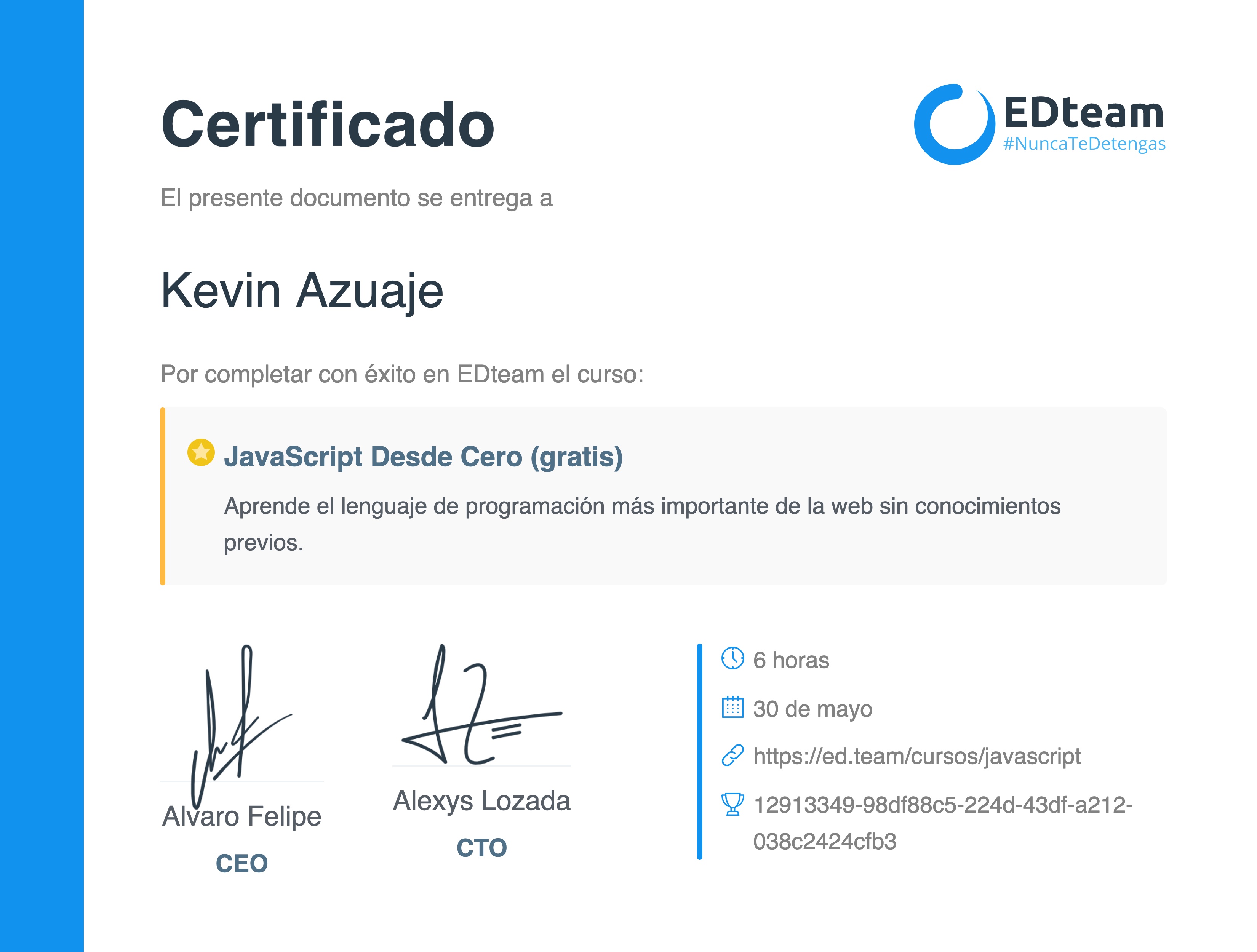 Certificado de Kevin Azuaje del curso JavaScript Desde Cero (gratis) (2018)