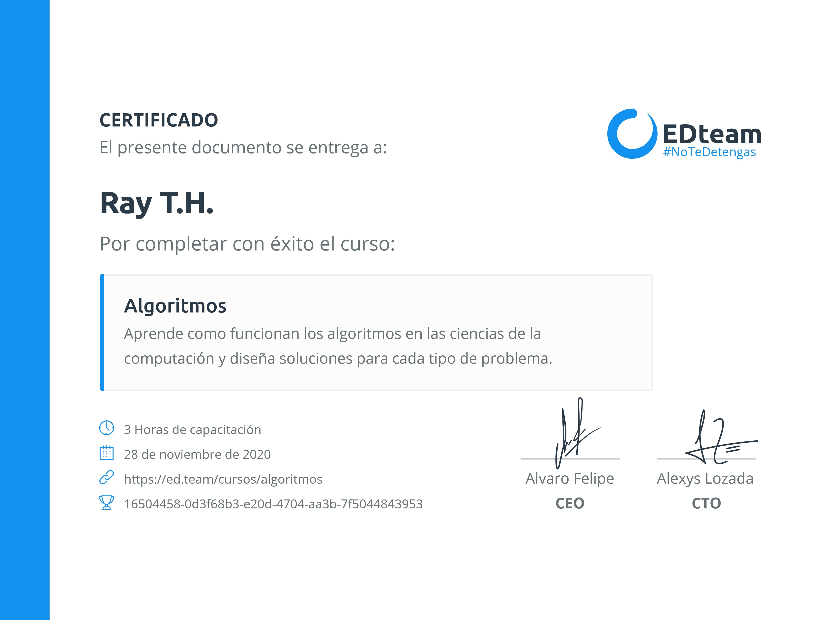 Certificado de Ray Trápala Hernández del curso Algoritmos (2018)