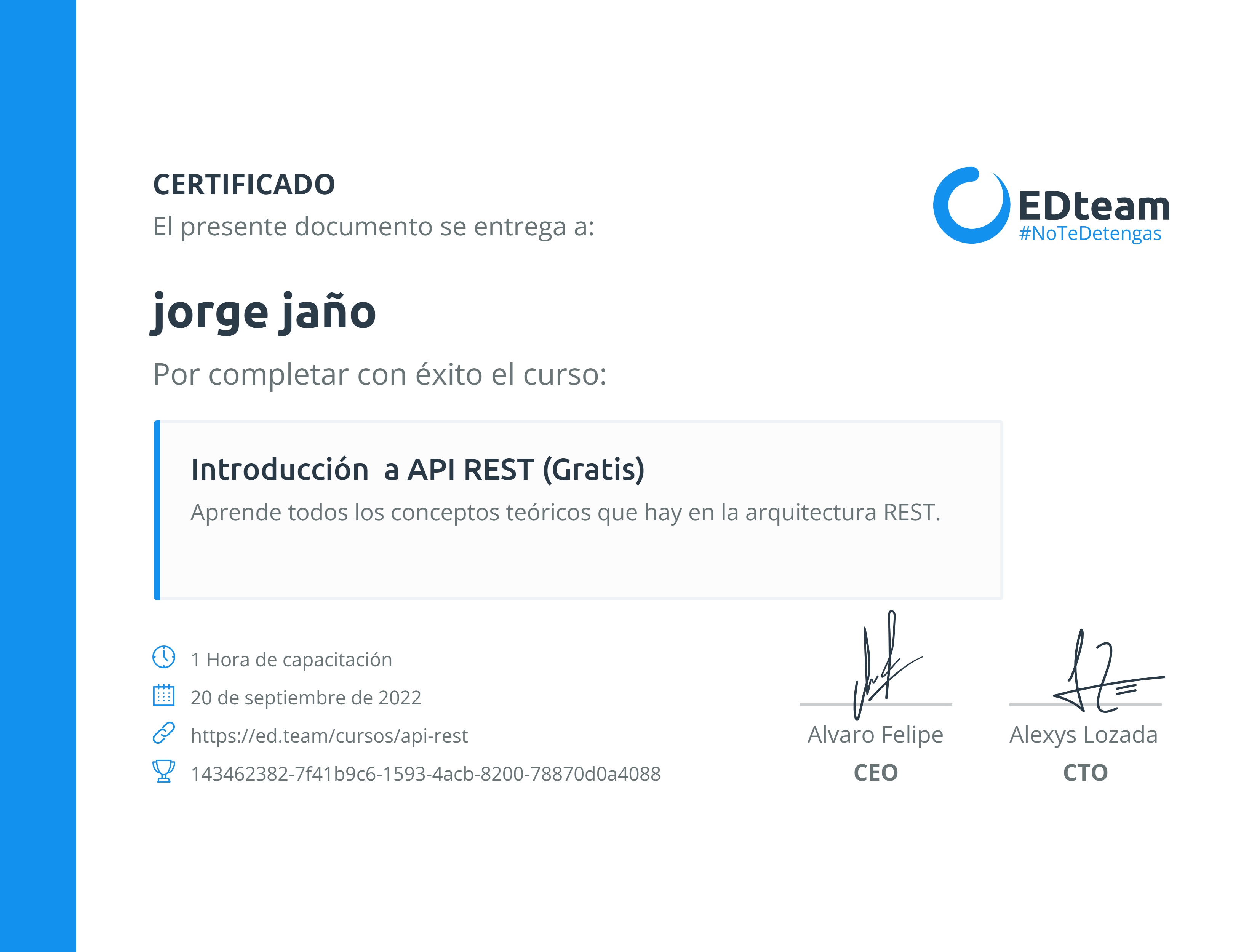 Api Jano Certificado de jorge jaño del curso Introducción a API REST (Gratis ...