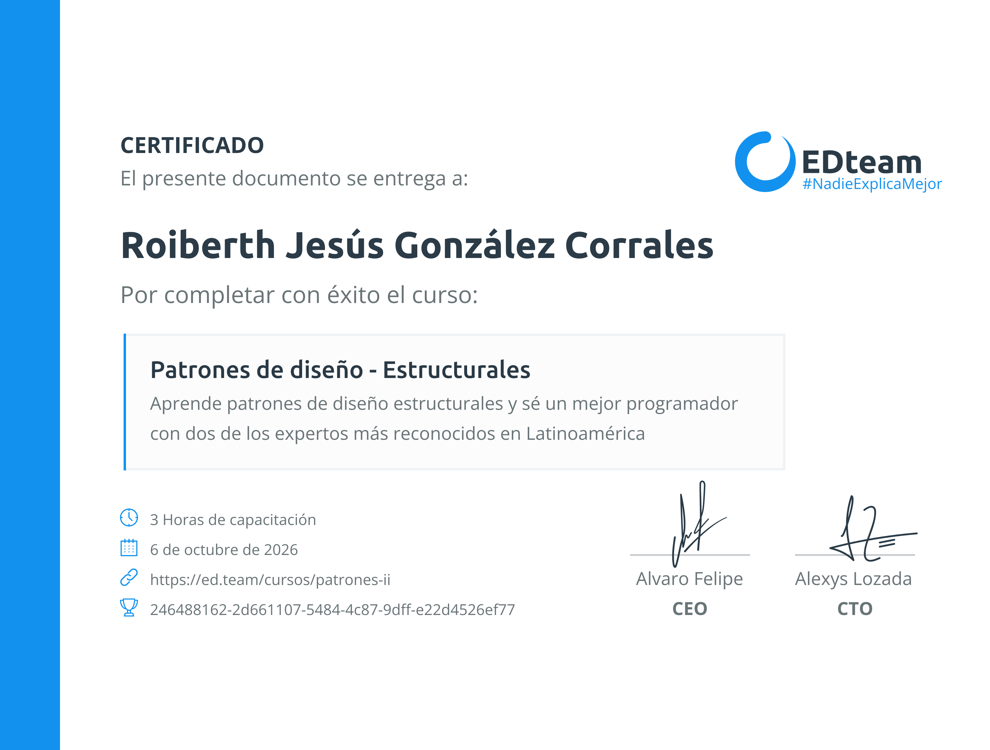 Certificado de Roiberth Jesús González Corrales del curso Patrones de diseño - Estructurales