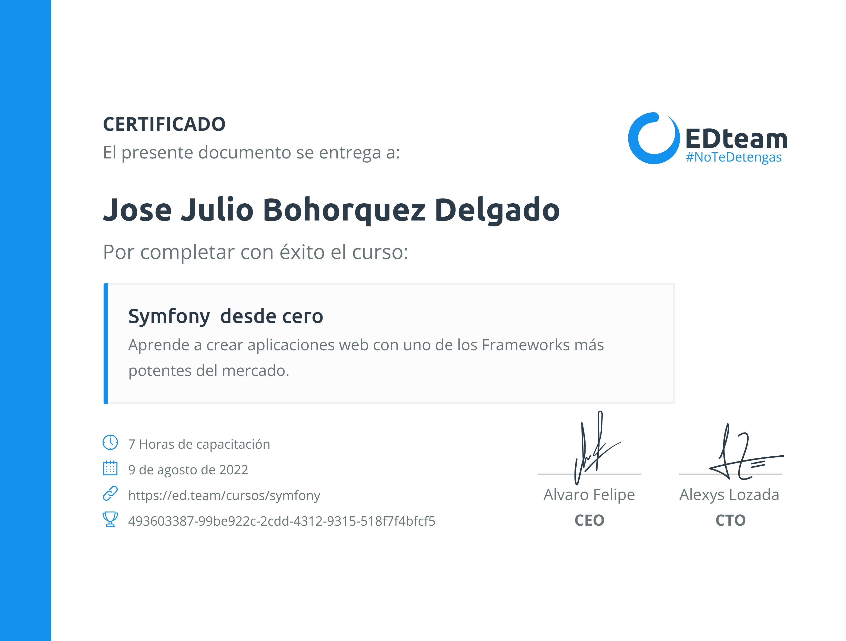 Certificado de Jose Julio Bohorquez Delgado del curso Symfony desde cero