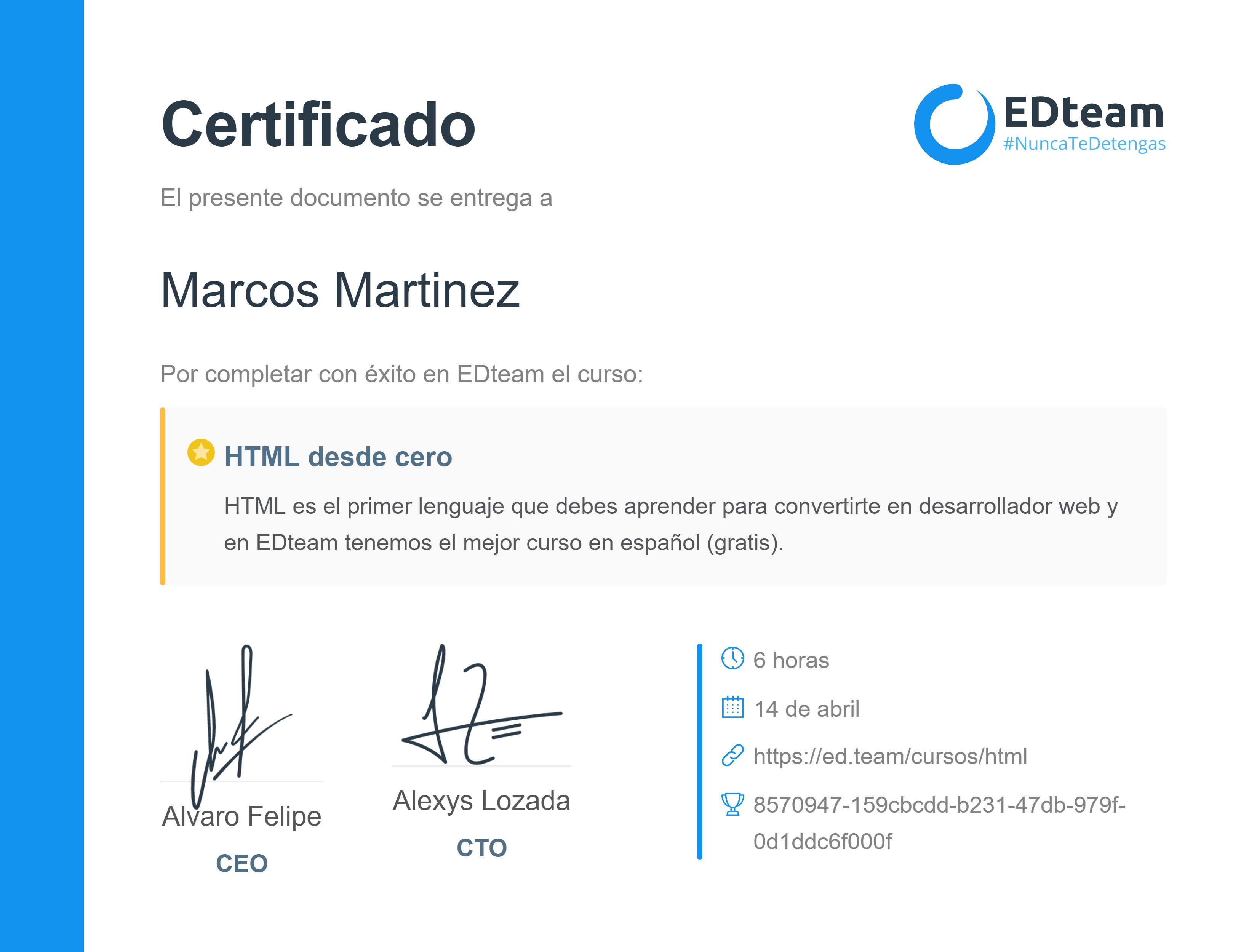 Certificado de Marcos Martinez del curso HTML desde cero 2018 (gratis) (2018)