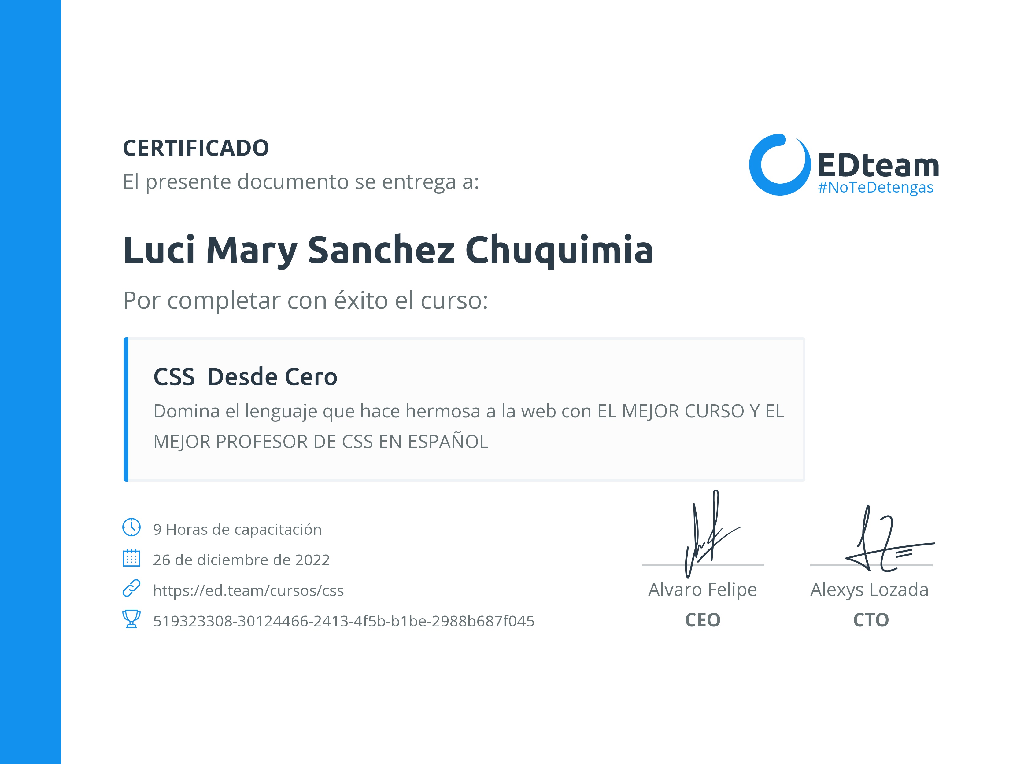 Certificado de Luci Mary Sanchez Chuquimia del curso CSS desde cero (2020)