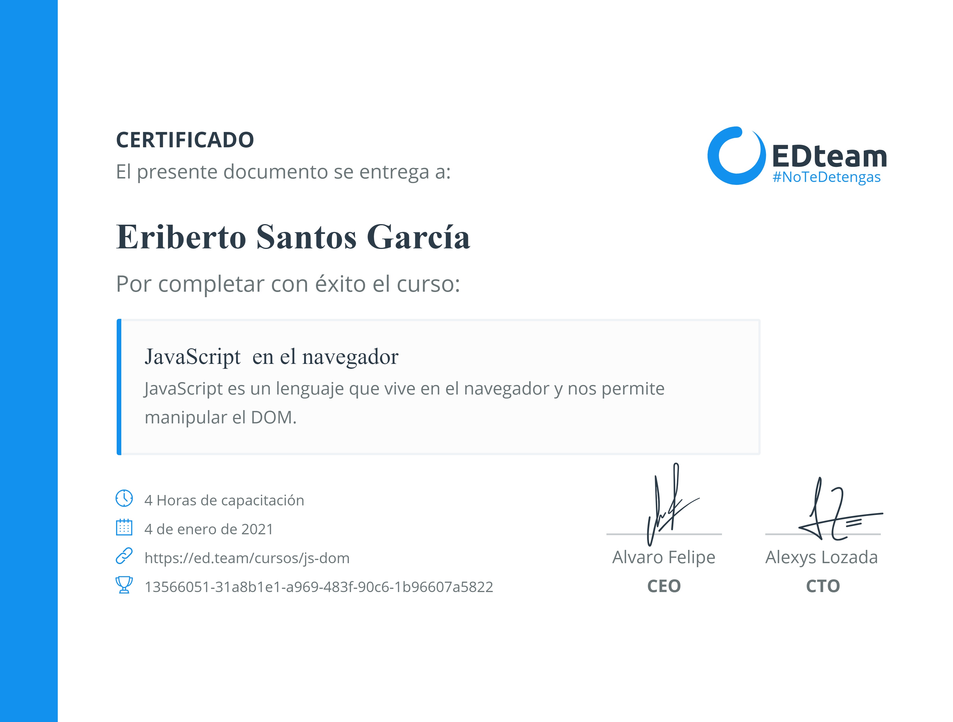 Certificado de Eriberto Santos del curso JavaScript en el navegador