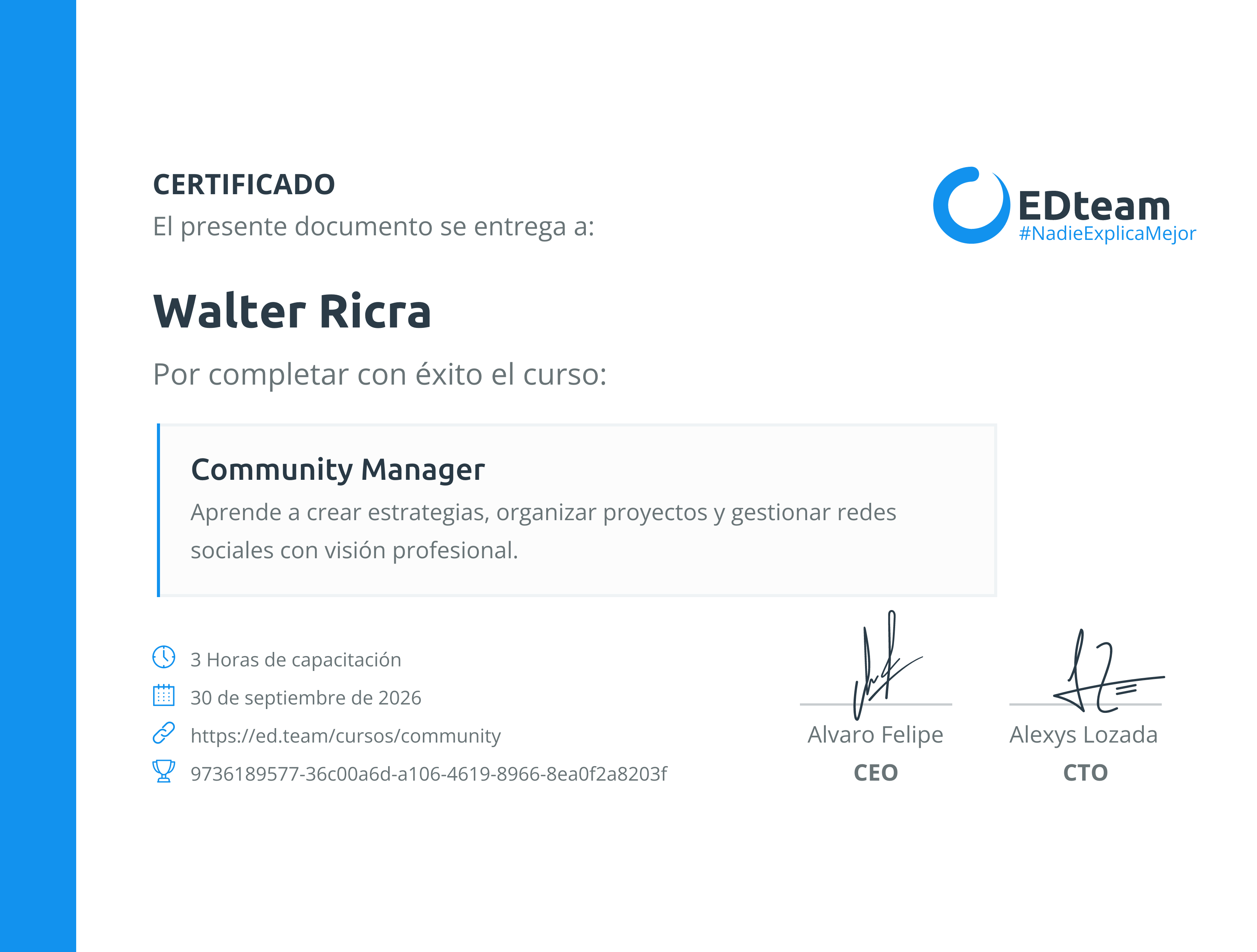 Certificado de Walter Ricra del curso Community Manager