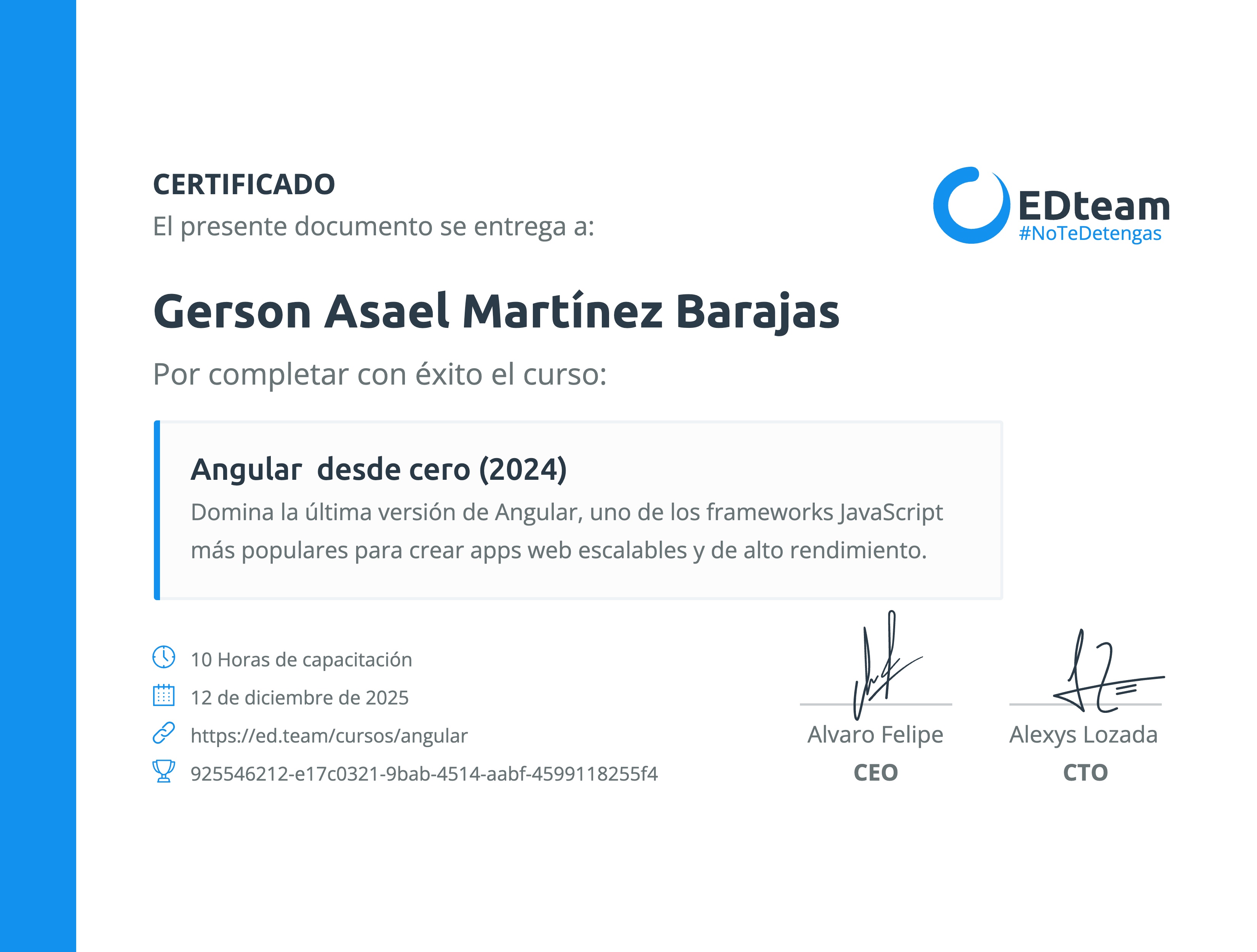 Certificado de Gerson Asael Martínez Barajas del curso Angular desde cero (2024)