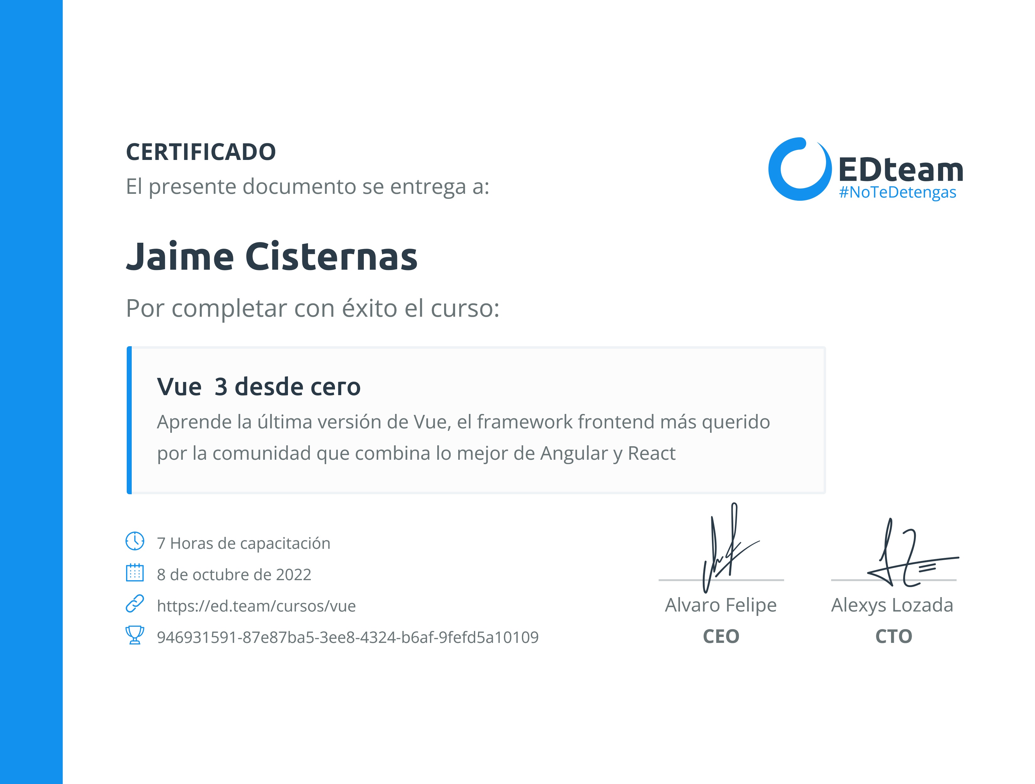 Certificado de Jaime Cisternas del curso Vue 3 desde cero