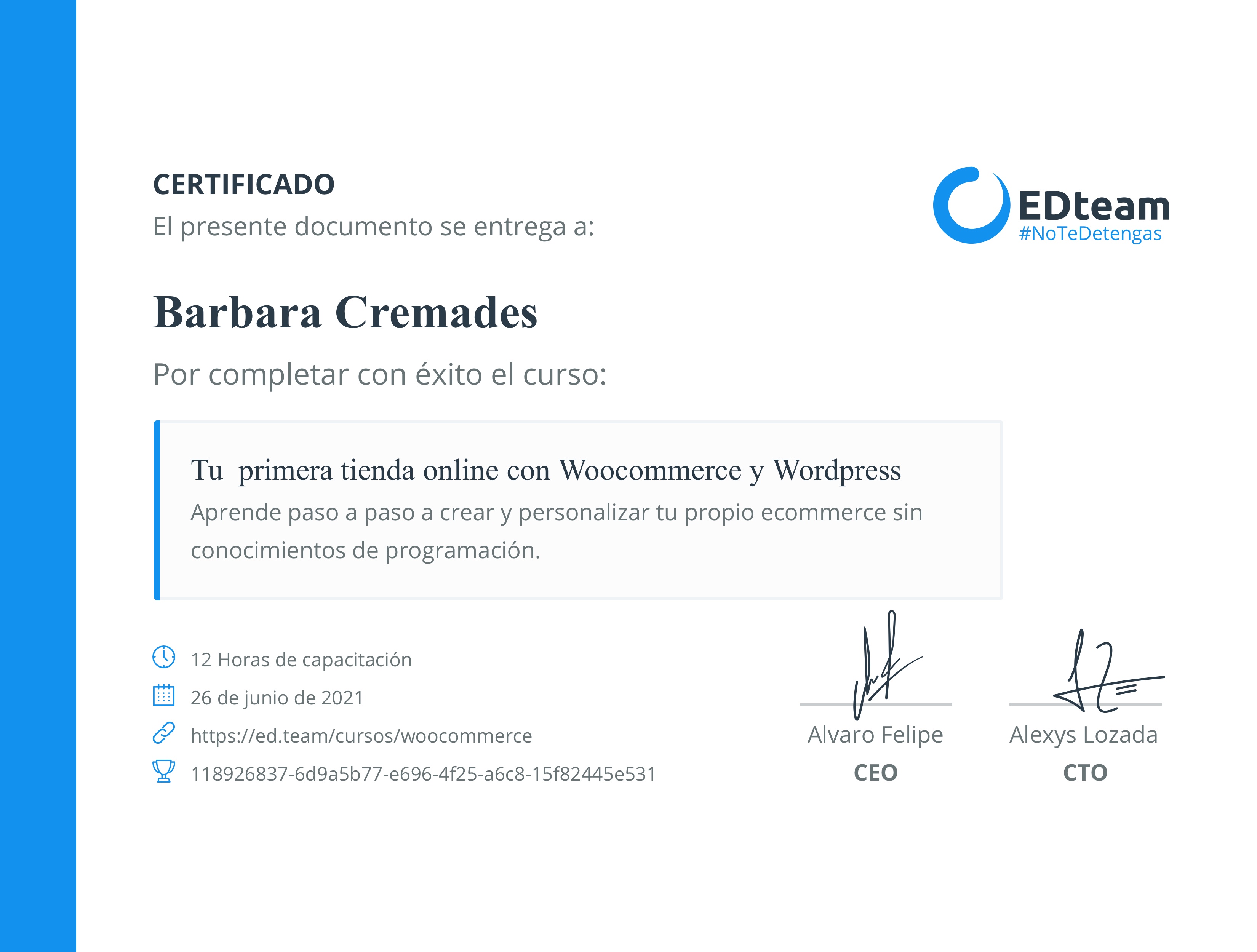 Certificado de Barbara Cremades del curso Tu primera tienda online con Woocommerce y Wordpress