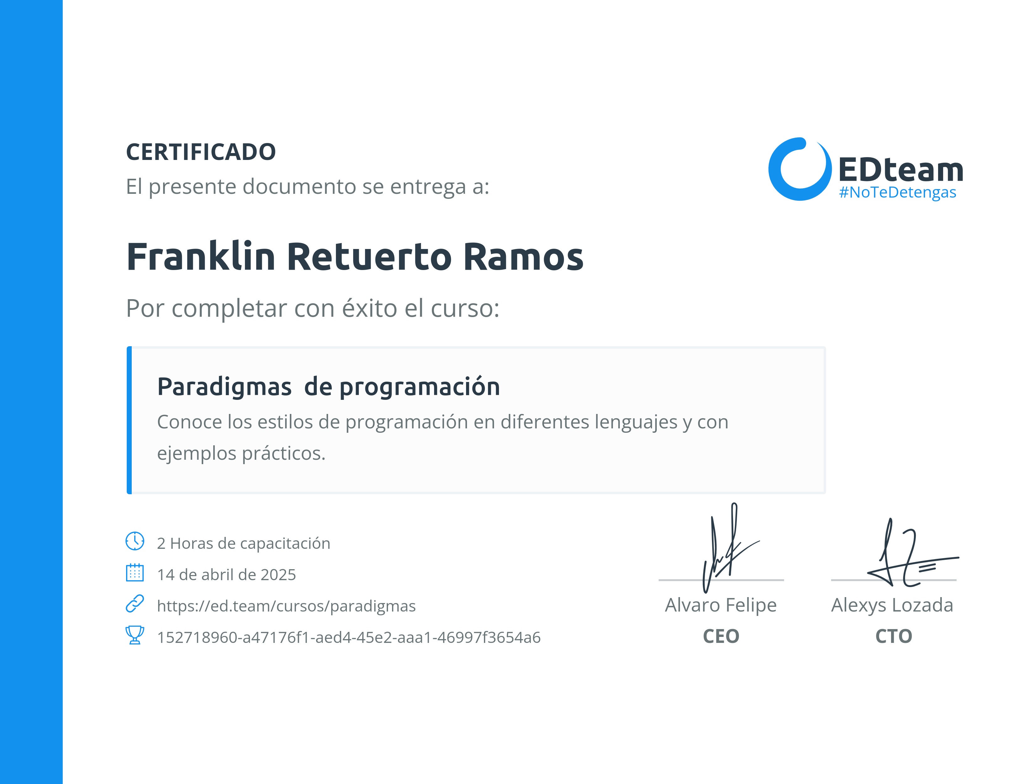 Certificado de Franklin Retuerto Ramos del curso Paradigmas de programación