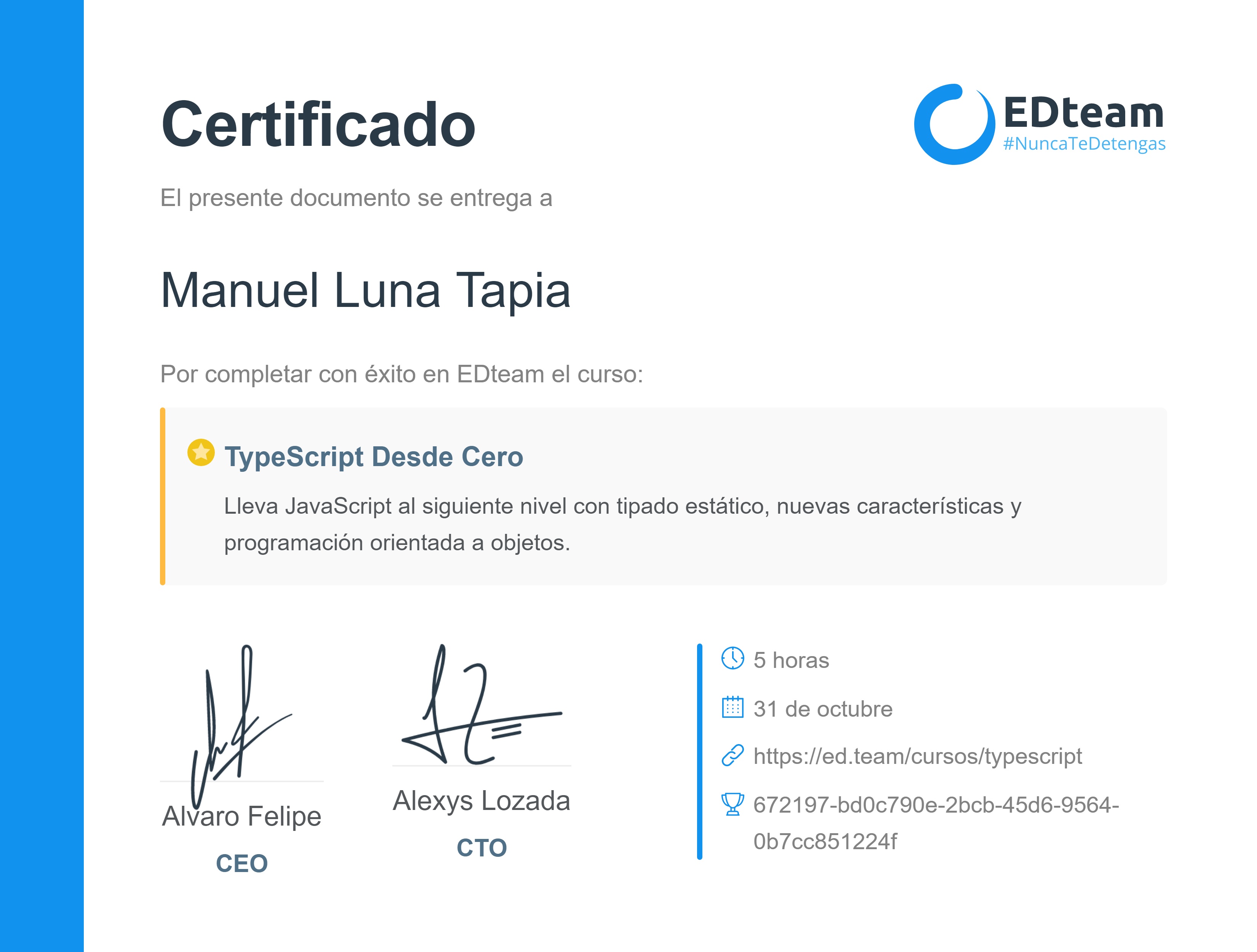 Certificado de Jose Manuel del curso TypeScript Desde Cero