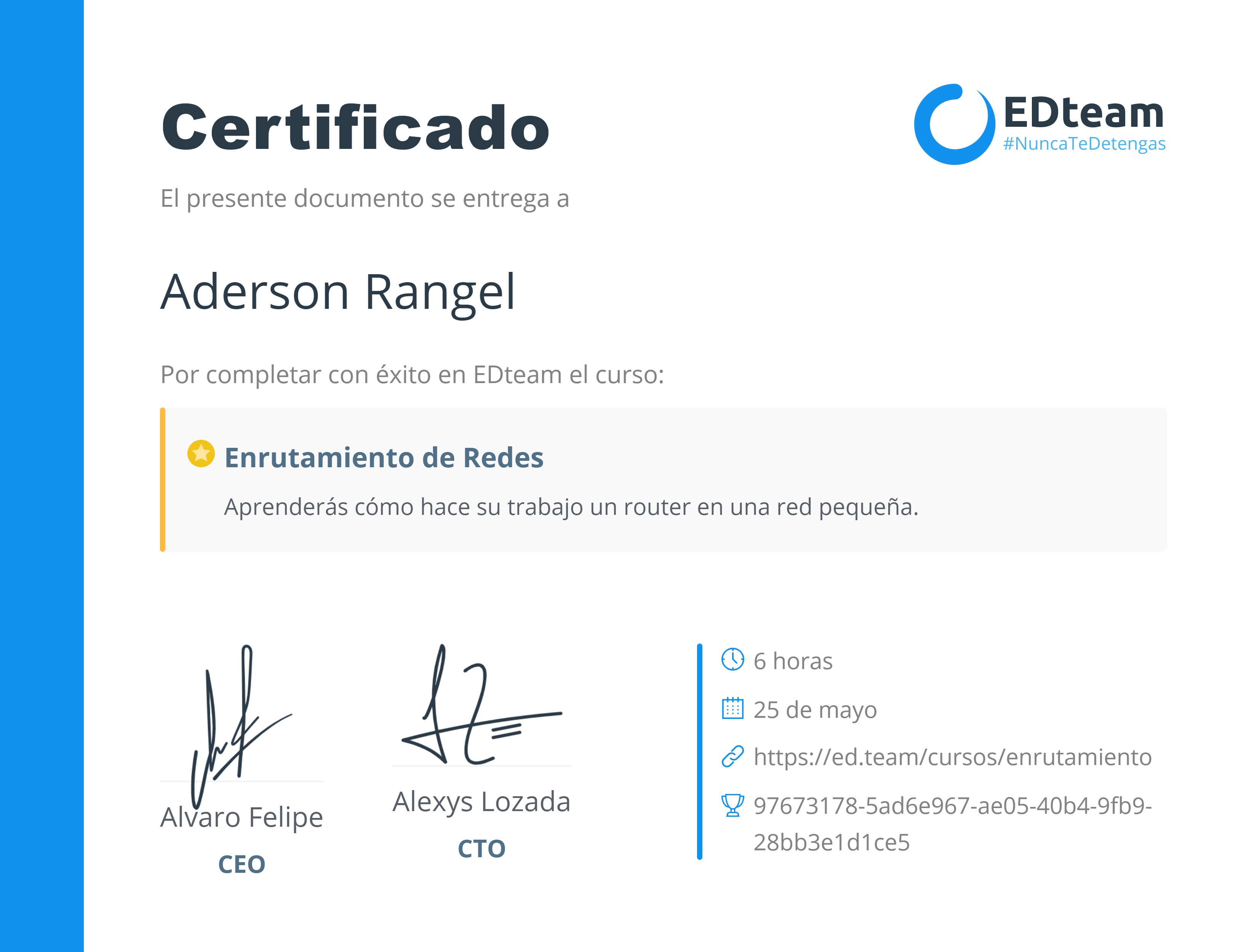 Certificado de Aderson Rangel del curso Enrutamiento de Redes (2019)