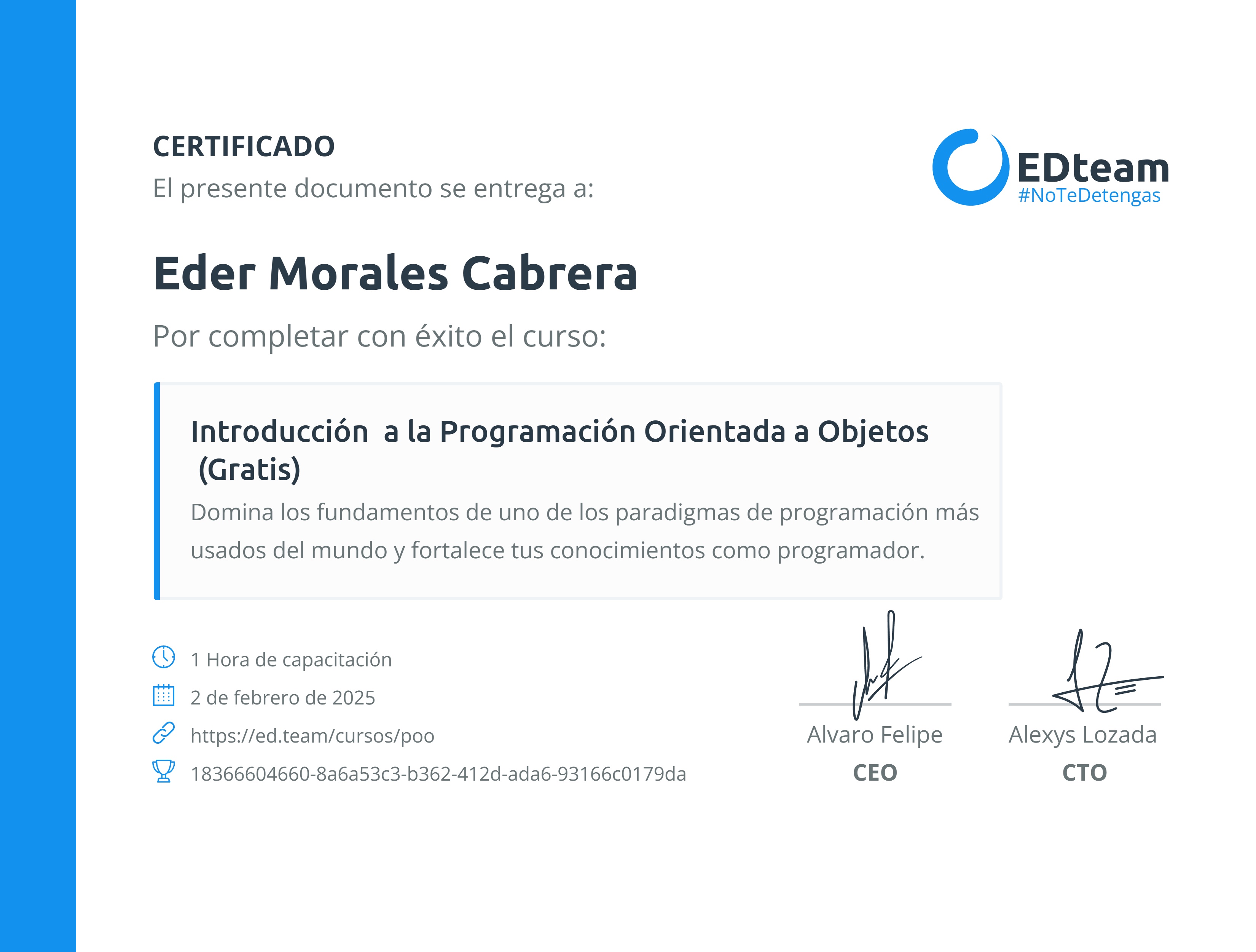 Certificado de Eder Morales Cabrera del curso Introducción a la Programación Orientada a Objetos (Gratis)