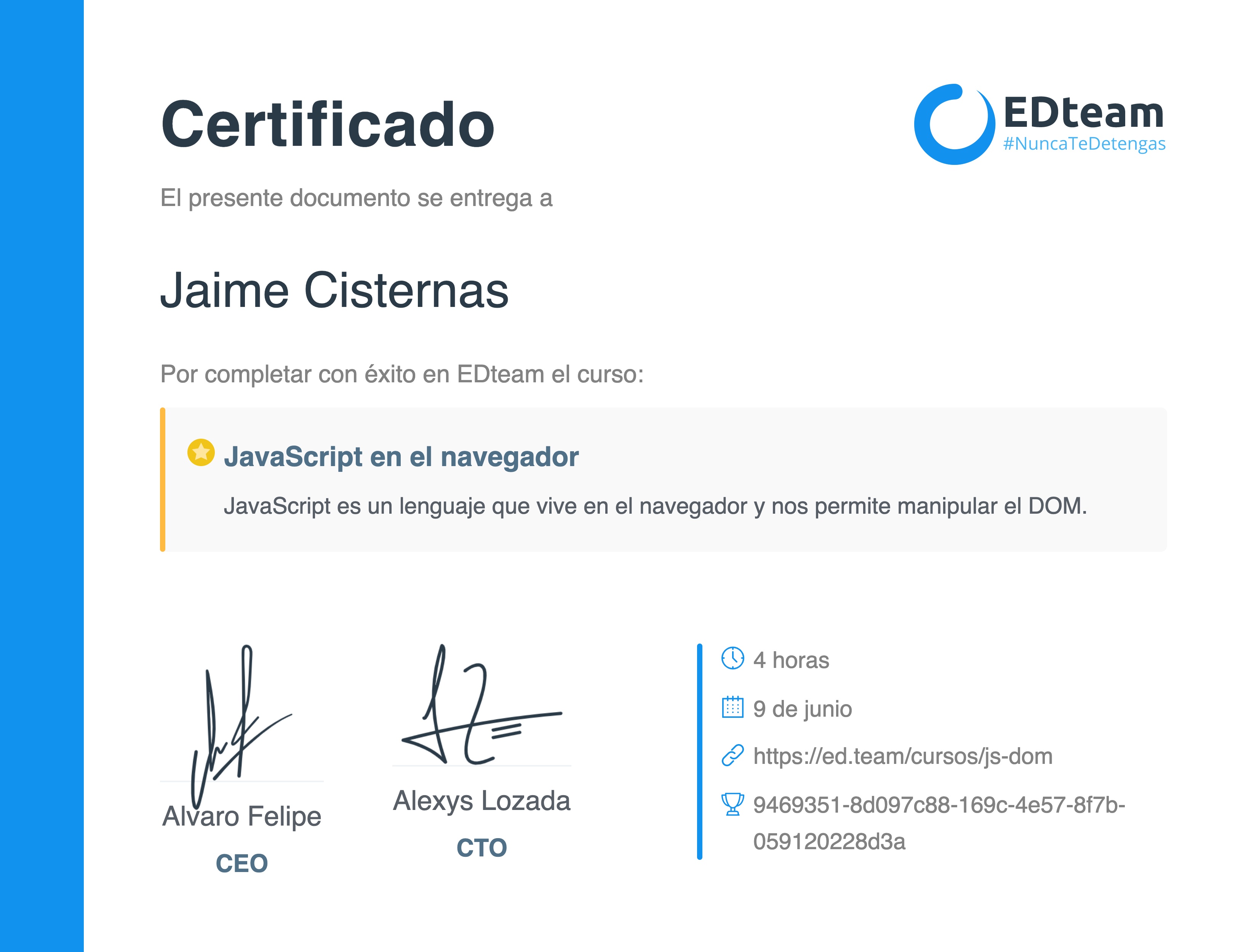 Certificado de Jaime Cisternas del curso JavaScript en el navegador