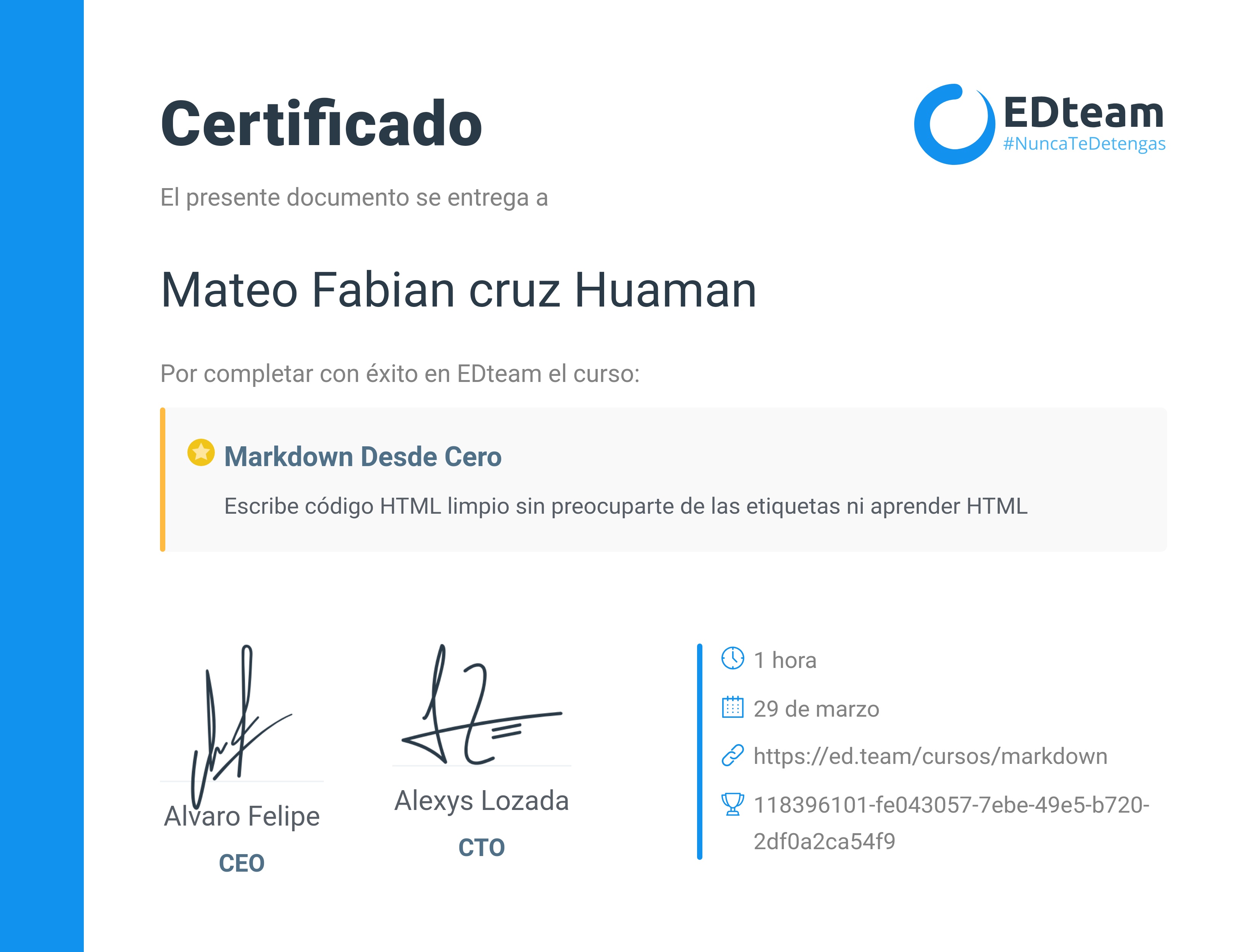 Certificado de Mateo Fabian cruz Huaman del curso Markdown desde cero (Gratis)