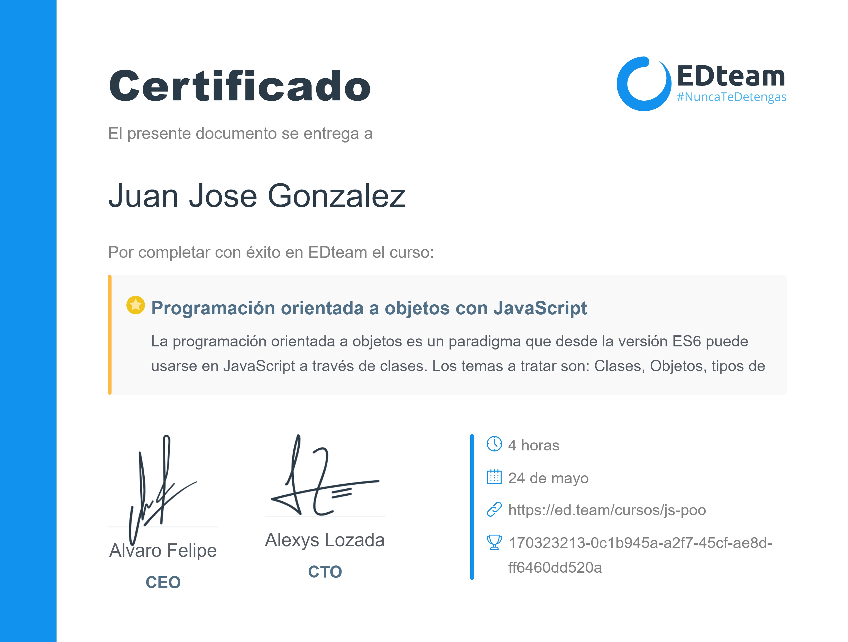Certificado de Juan Jose Gonzalez del curso Programación orientada a objetos con JavaScript