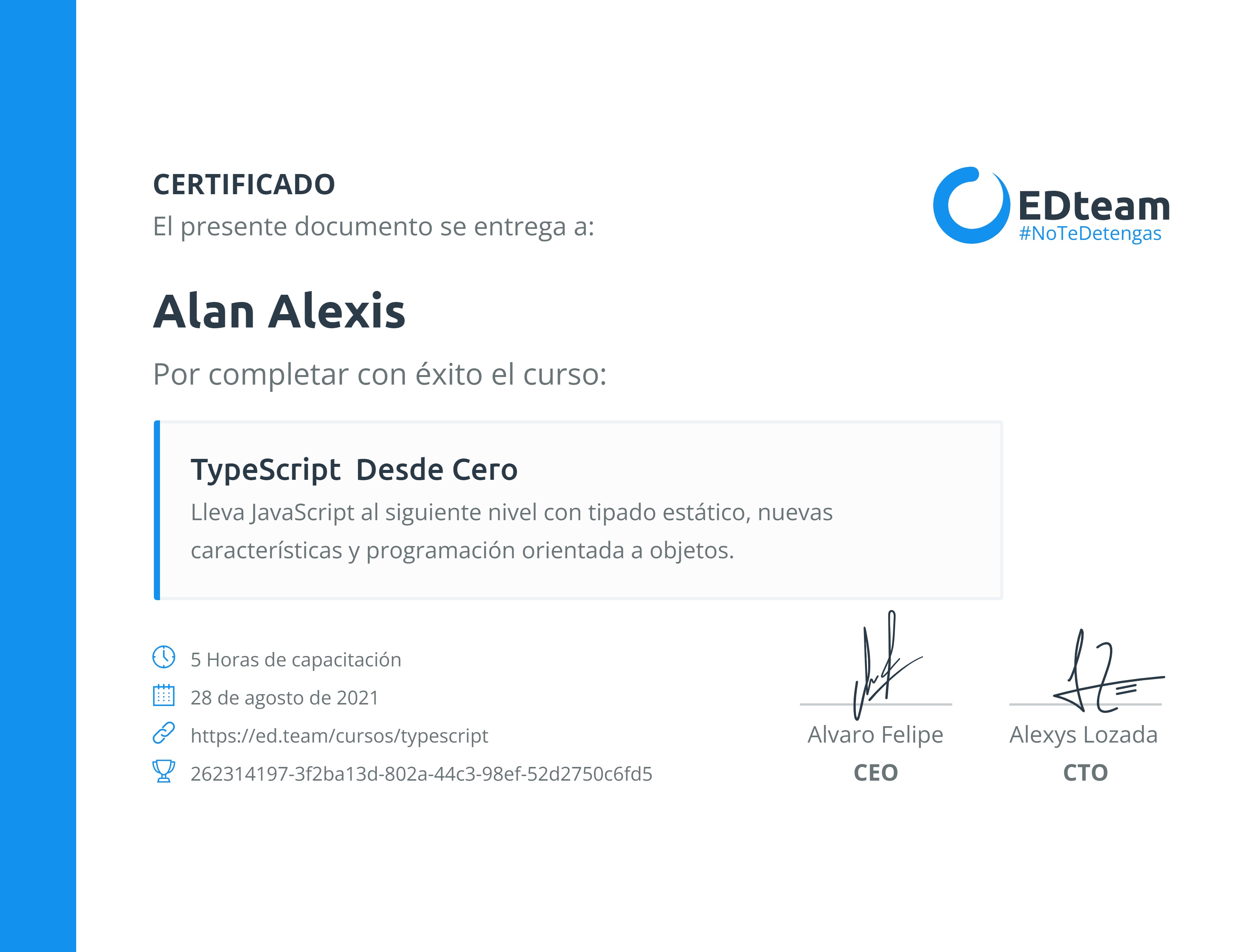Certificado de Alan Alexis del curso TypeScript Desde Cero