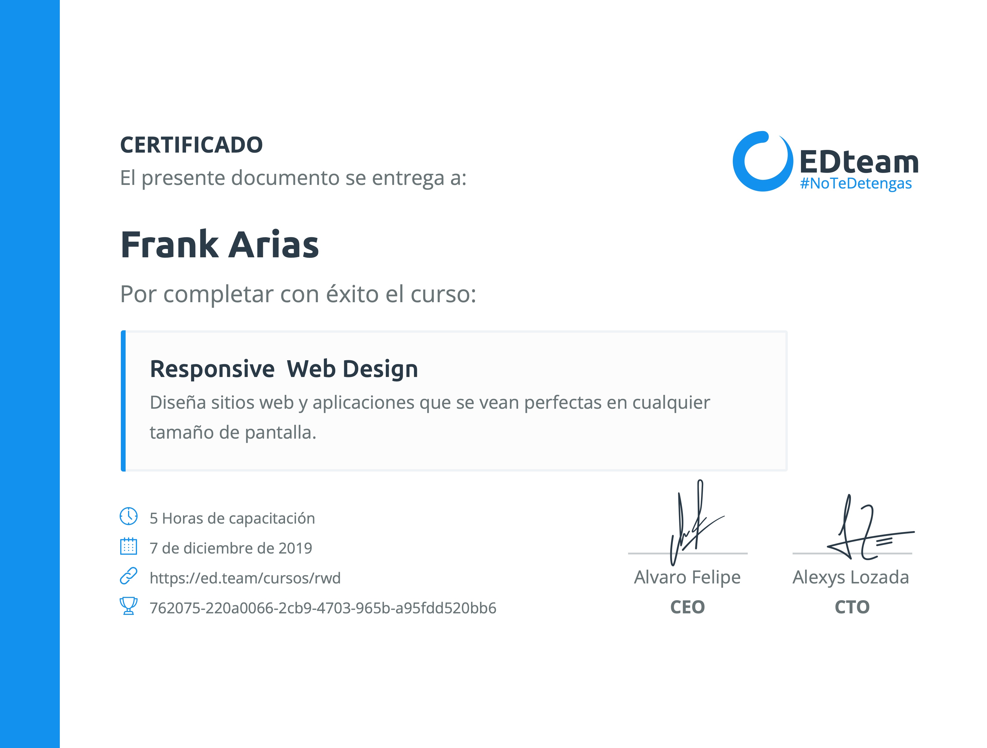 Certificado de Frank Arias del curso Responsive Web Design
