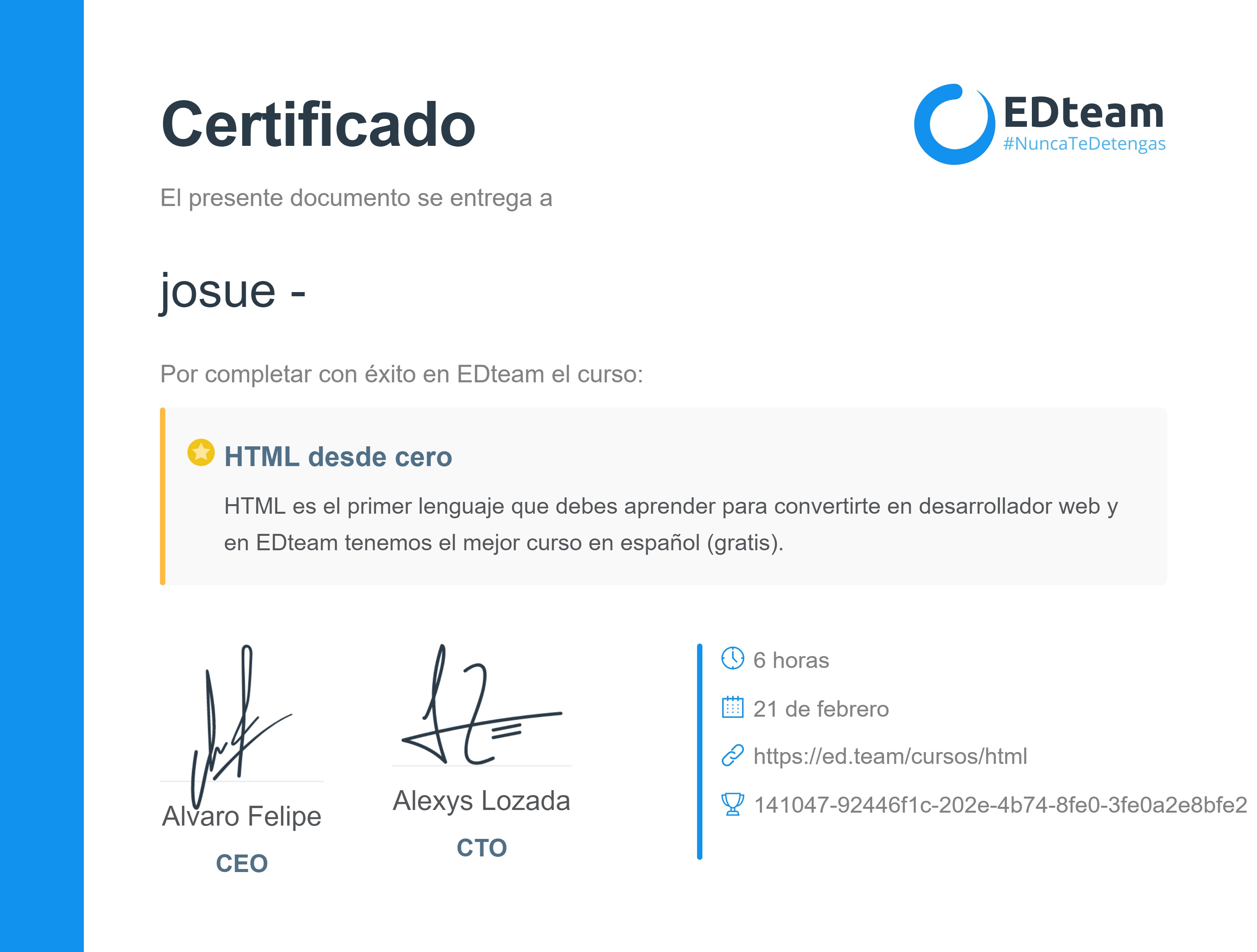 Certificado de josue - del curso HTML desde cero 2018 (gratis) (2018)