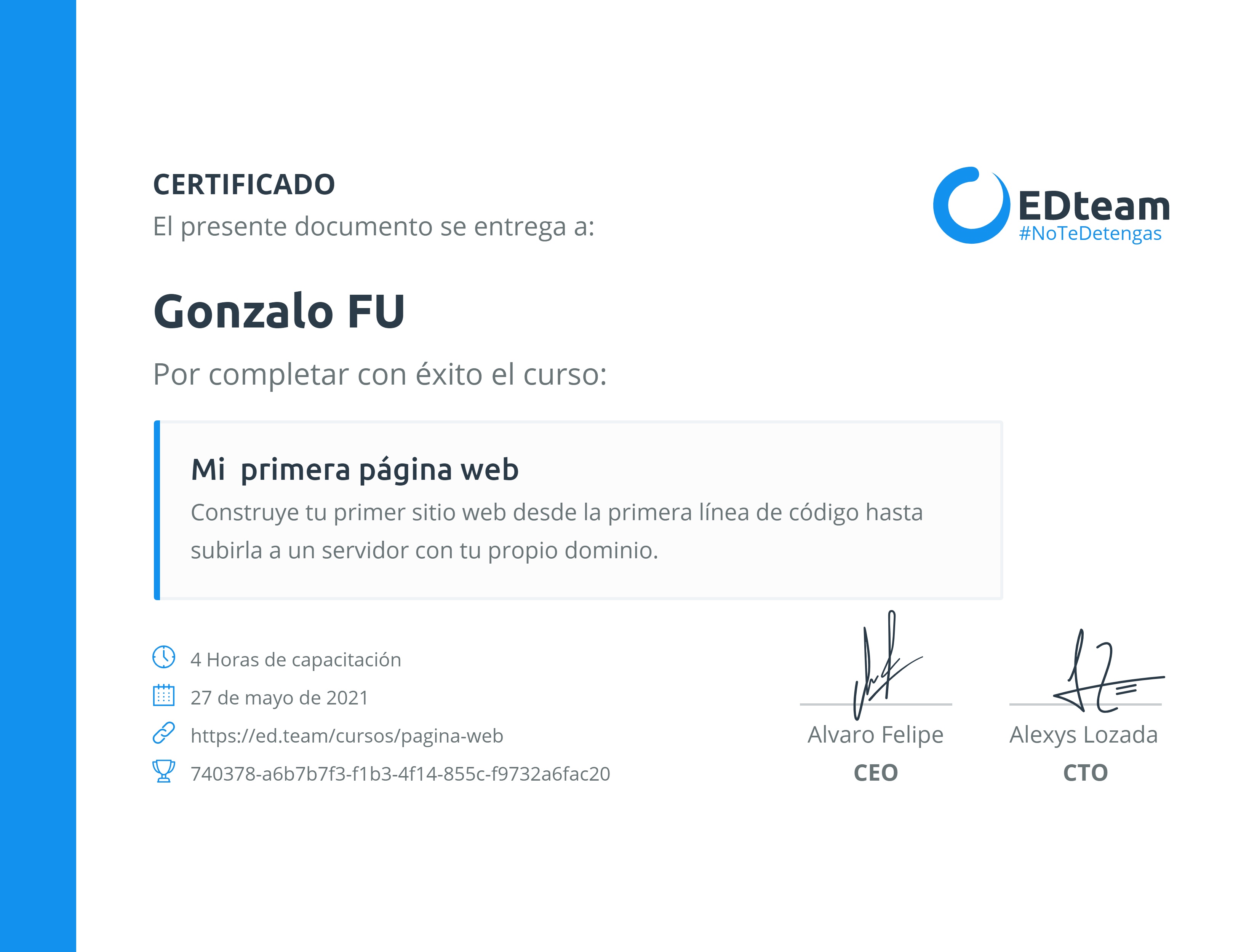 Certificado de Gonzalo FU del curso Mi primera página web
