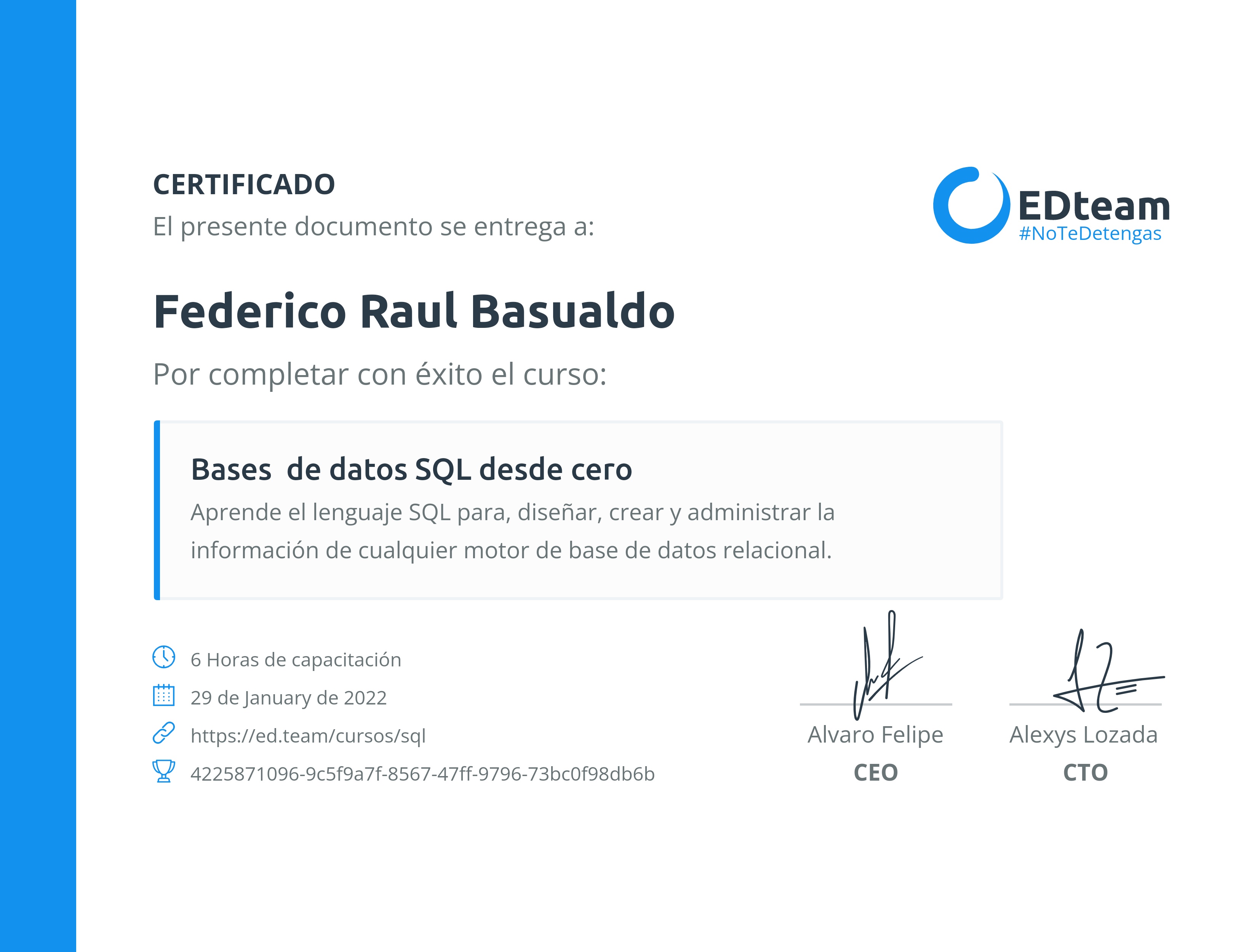 Certificado de Federico Raul Basualdo del curso Bases de datos SQL desde cero