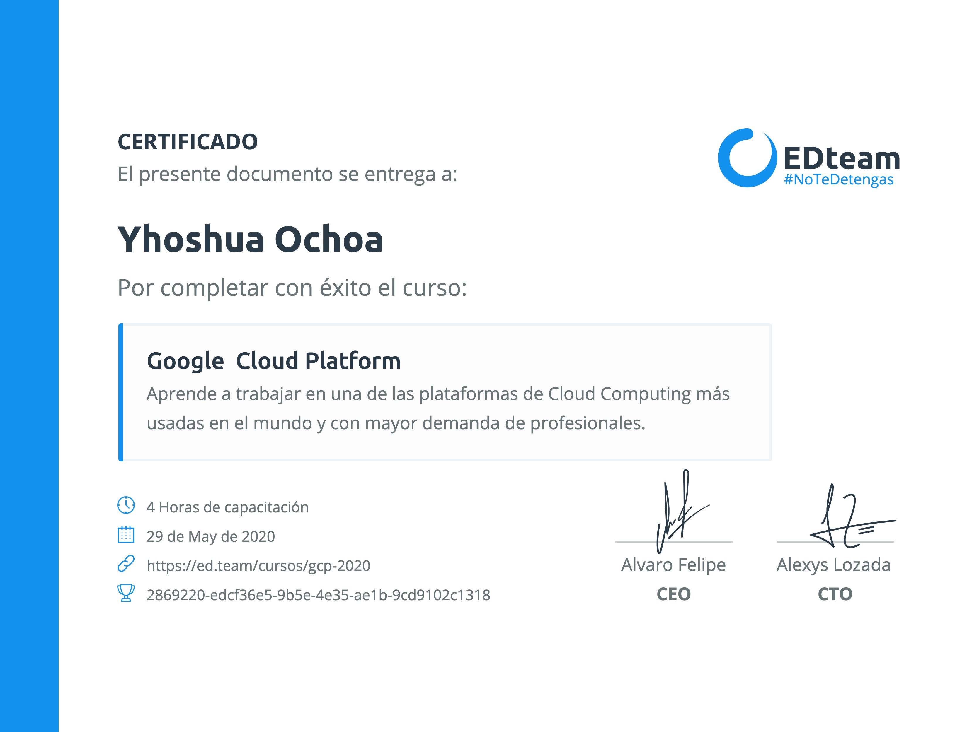 Certificado de Yhoshua Ochoa del curso Google Cloud Platform