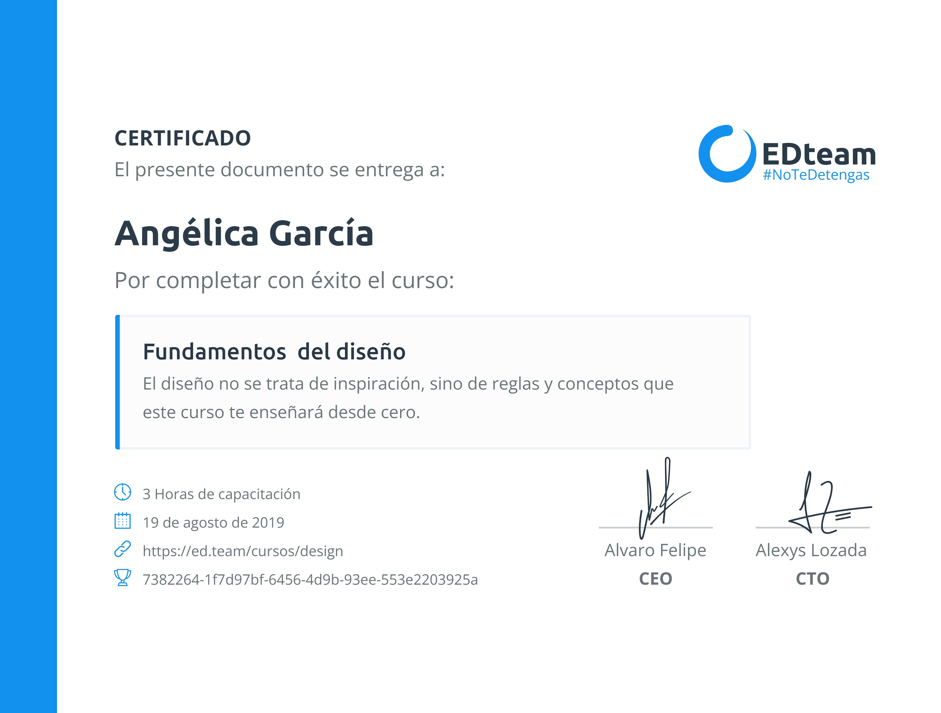 Certificado de Angélica García del curso Fundamentos del diseño