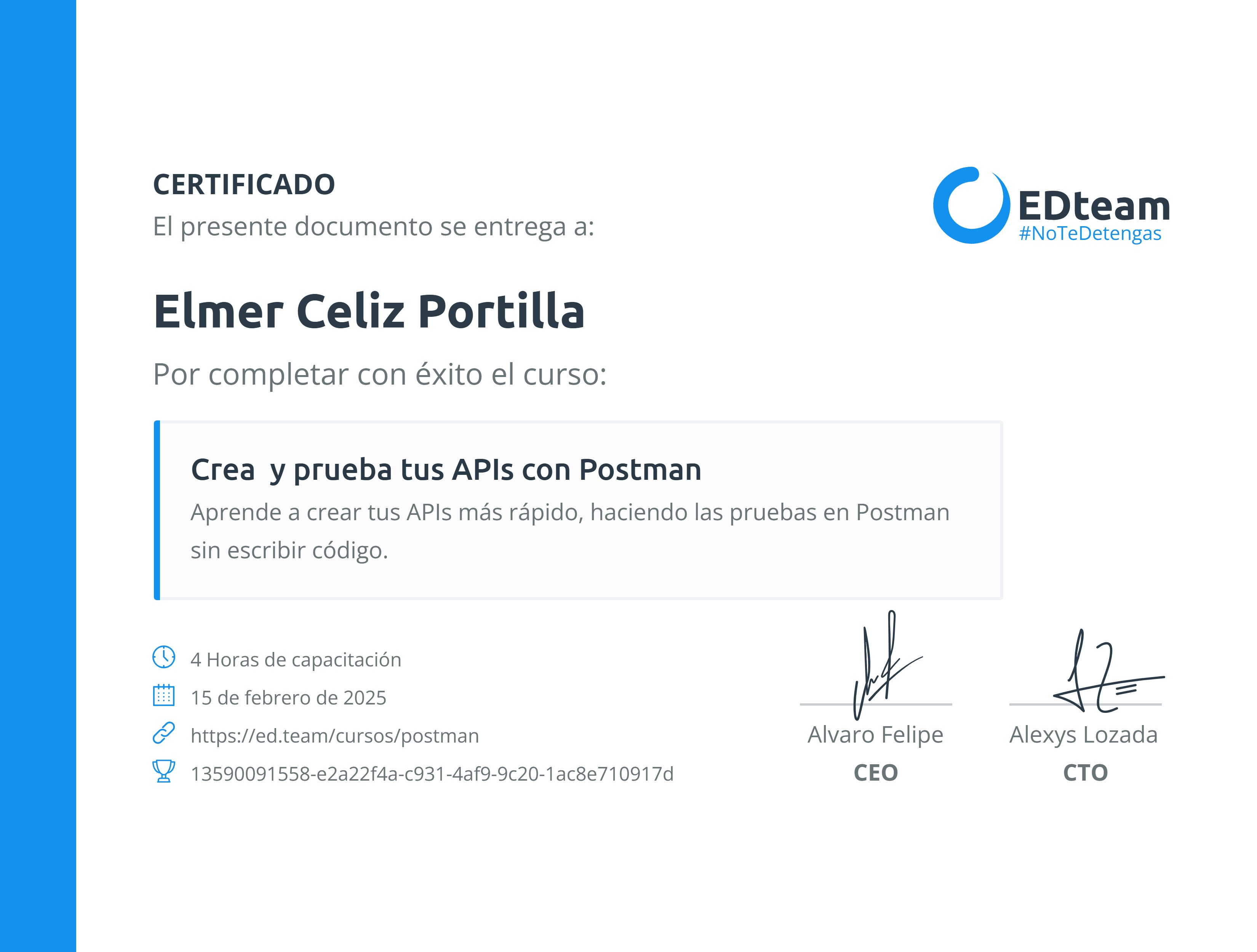 Certificado de Elmer Celiz Portilla del curso Crea y prueba tus APIs con Postman
