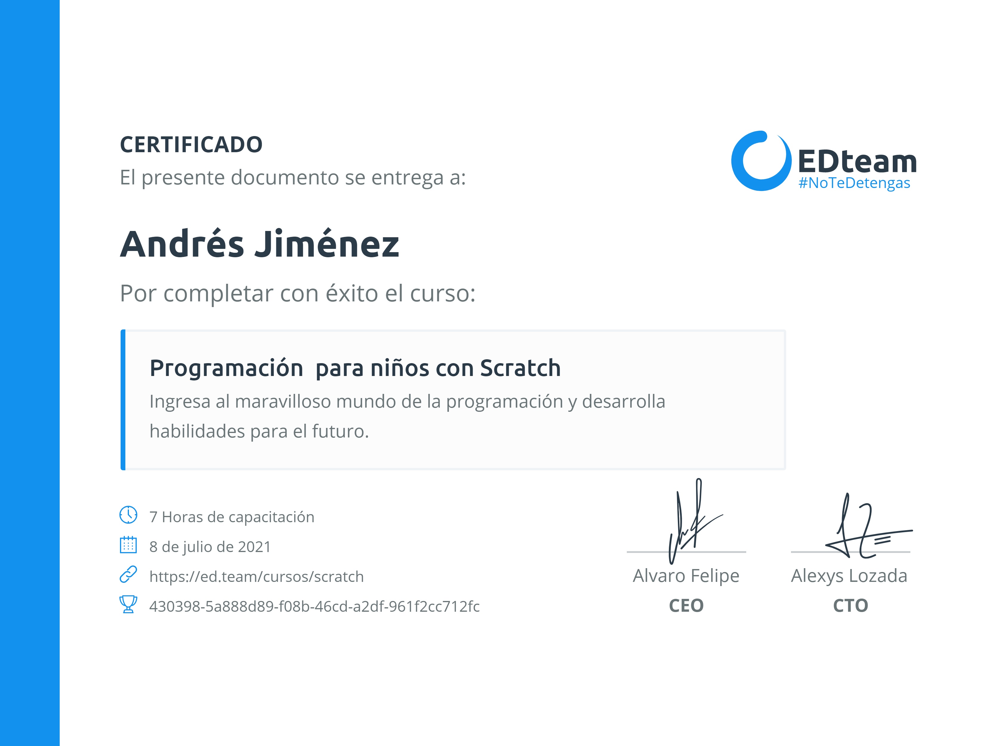 Certificado de Andrés Jiménez del curso Programación para niños con Scratch