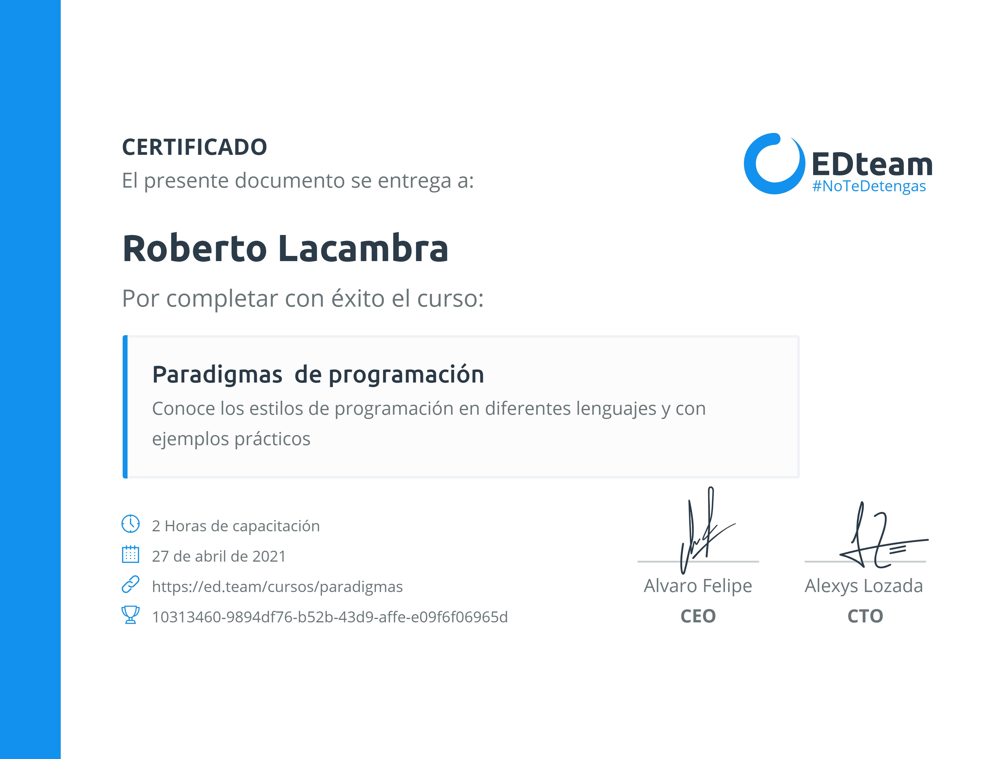 Certificado de Roberto Lacambra del curso Paradigmas de programación